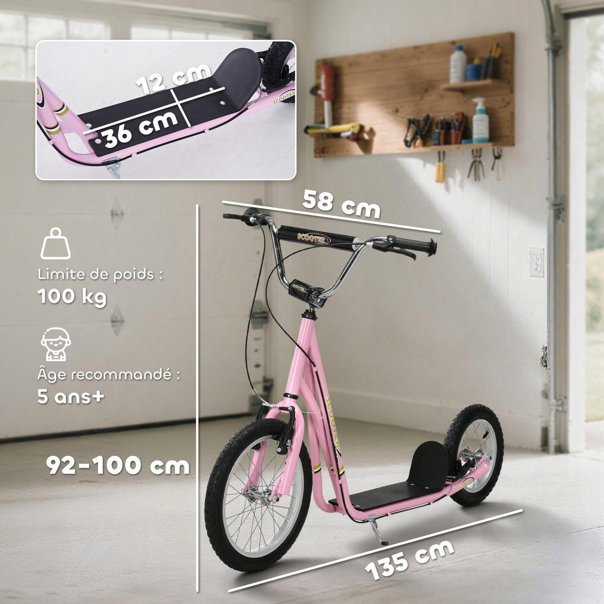 KINDERSCOOTER DE-16940 Große Reifen mit V-Bremsen Rosa - Pink, Metall (135/58/100cm) - ComfortXL