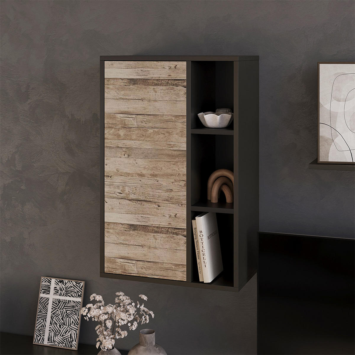 STĚNOVÁ POLICE Berno Černý/pískový dub - černá/Sonoma dub, kompozitní dřevo (50.1/78.4/28.3cm) - Vicco