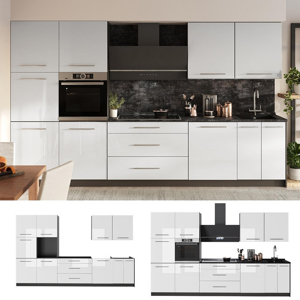 KÜCHENZEILE Fame-Line, Weiß Hochglanz/Anthrazit, 340 cm ohne Arbeitsplatte - Weiß Hochglanz/Anthrazit, Holzwerkstoff (340/206.8/51.6cm) - Vicco