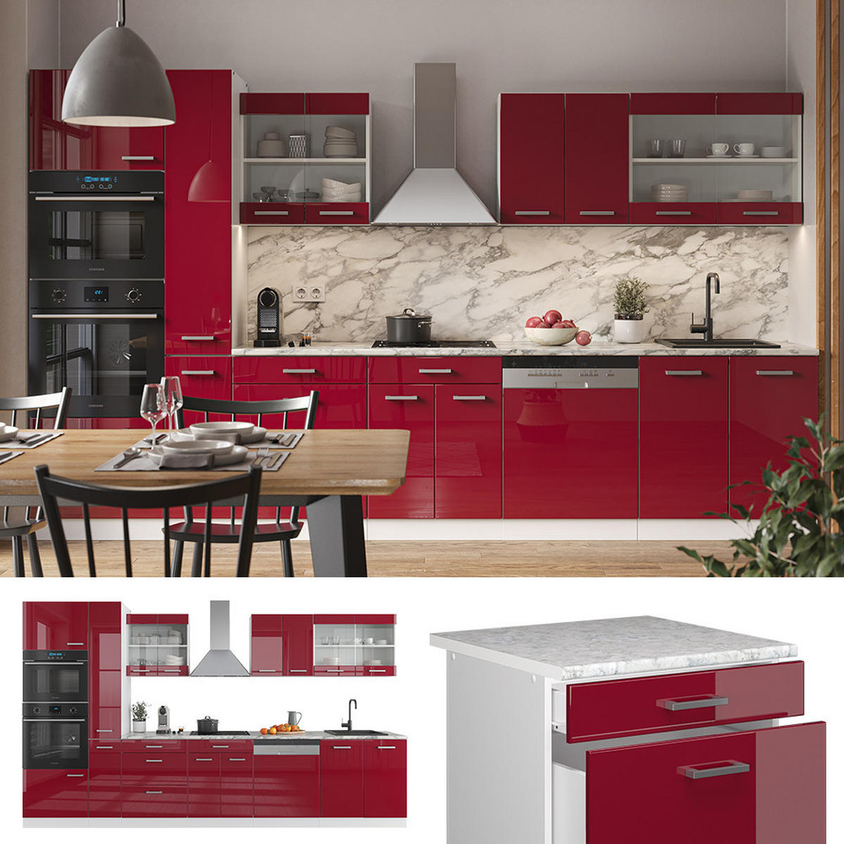KÜCHENZEILE R-Line Bordeaux Hochglanz/Weiß 350 cm mit Hochschrank AP Anthrazit - Bordeaux/Weiß, Holzwerkstoff (350/81.6/60cm) - Vicco