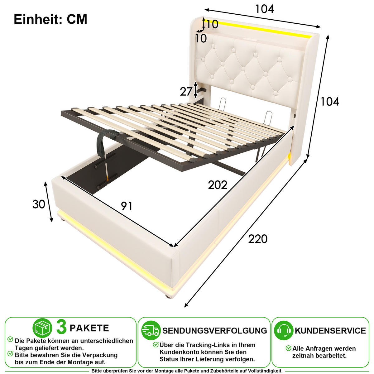 ČALOUNĚNÁ POSTEL 90/200 cm v bílé barvě s LED, USB a Type-C - bílá, kov/kompozitní dřevo (90/200cm) - CHICFURN