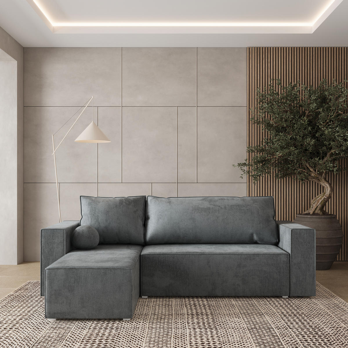 ECKSOFA RAVELO M Grau Velours-Stoff mit Schlaffunktion - Grau, Holz/Kunststoff (240/140cm) - MASSENO