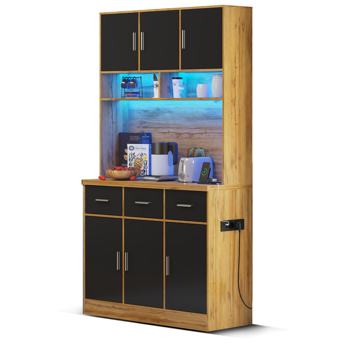 KUHINJSKI ormarić od MDF-a 100x40x180 cm prirodna i crna s LED rasvjetom, utičnicom, USB priključcima i ladicama - prirodne boje, drvni materijal (100/180/40cm) - Modfu