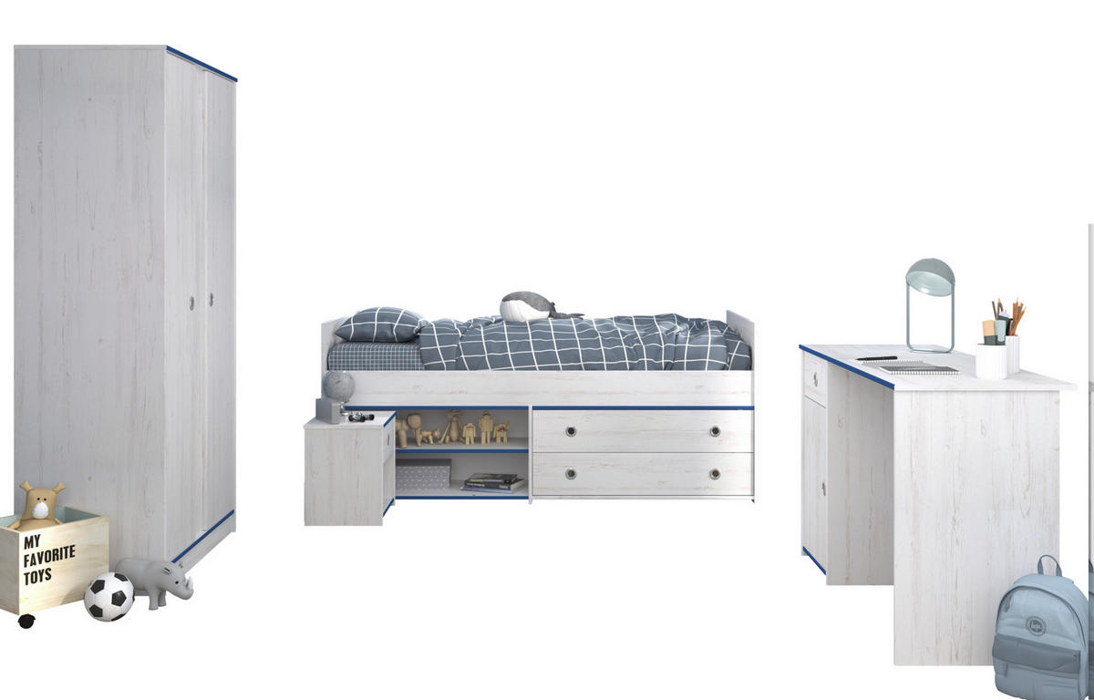 JUGENDZIMMER Smoozy 26 in Kiefer Weiß mit rosa ODER blauen Absetzungen 4 teilig - Weiß, Holzwerkstoff (120/200/80cm)