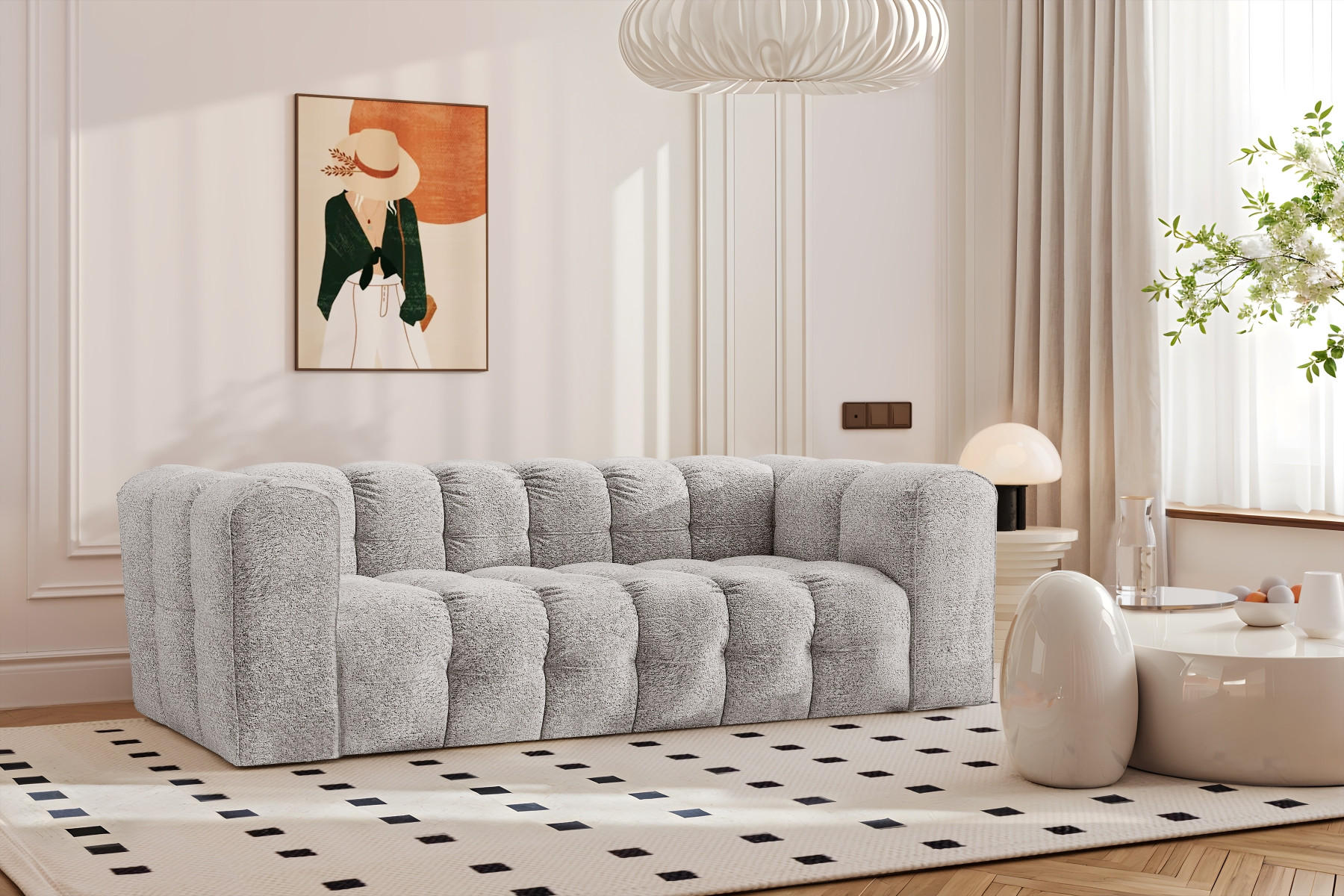 SOFA 3-Sitzer, Komfort, BALOO, Stoff Schenille & Bouclé, Hellgrau - Hellgrau, Holz (222/75/106cm) - Kaiser Möbel