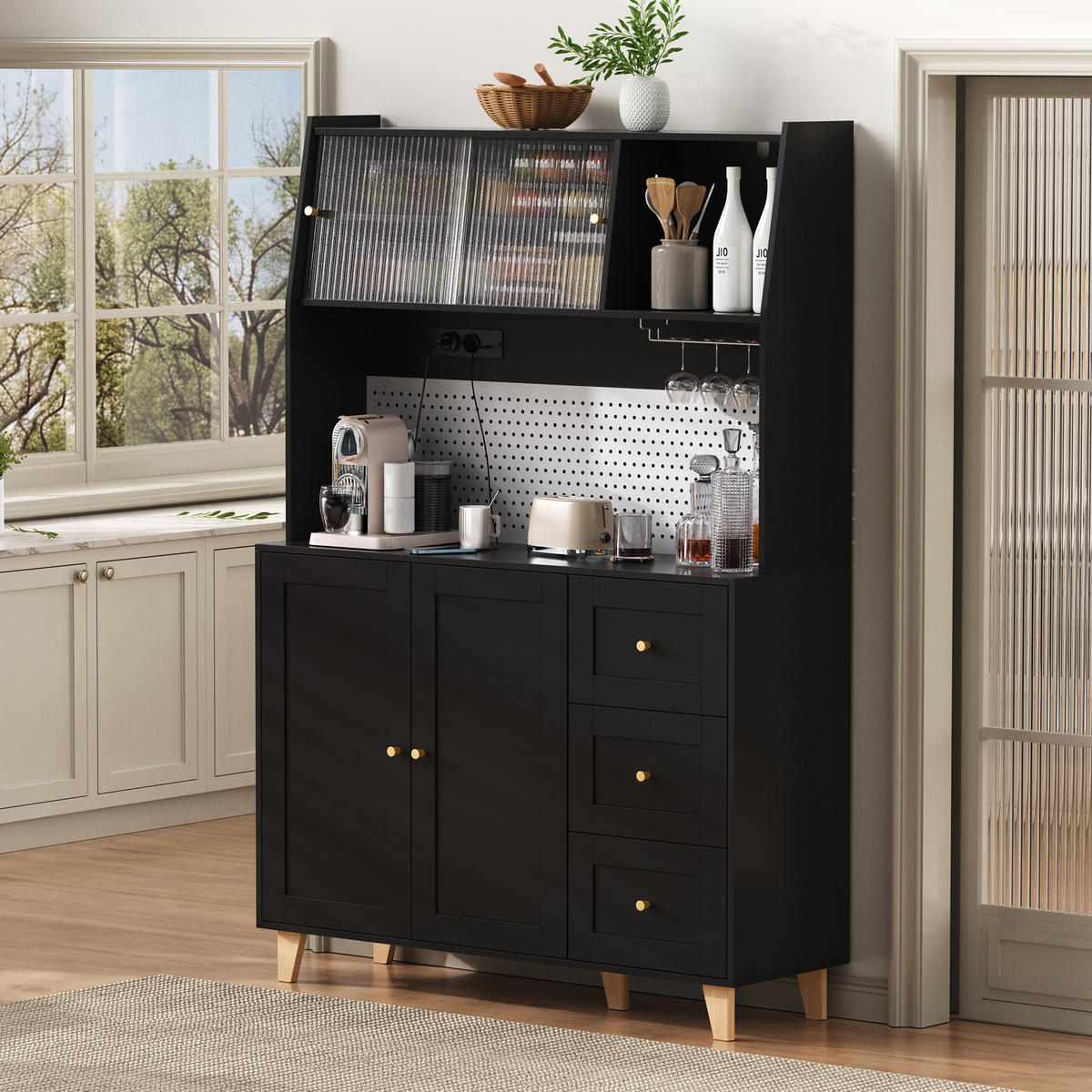 HIGHBOARD in Schwarz Barschrank mit Weinglashaltern und Schubladen für Esszimmer und Küche, B120/T40/H184 cm - Schwarz/Naturfarben, Glas/Holz (120/184/40cm) - STILVORA