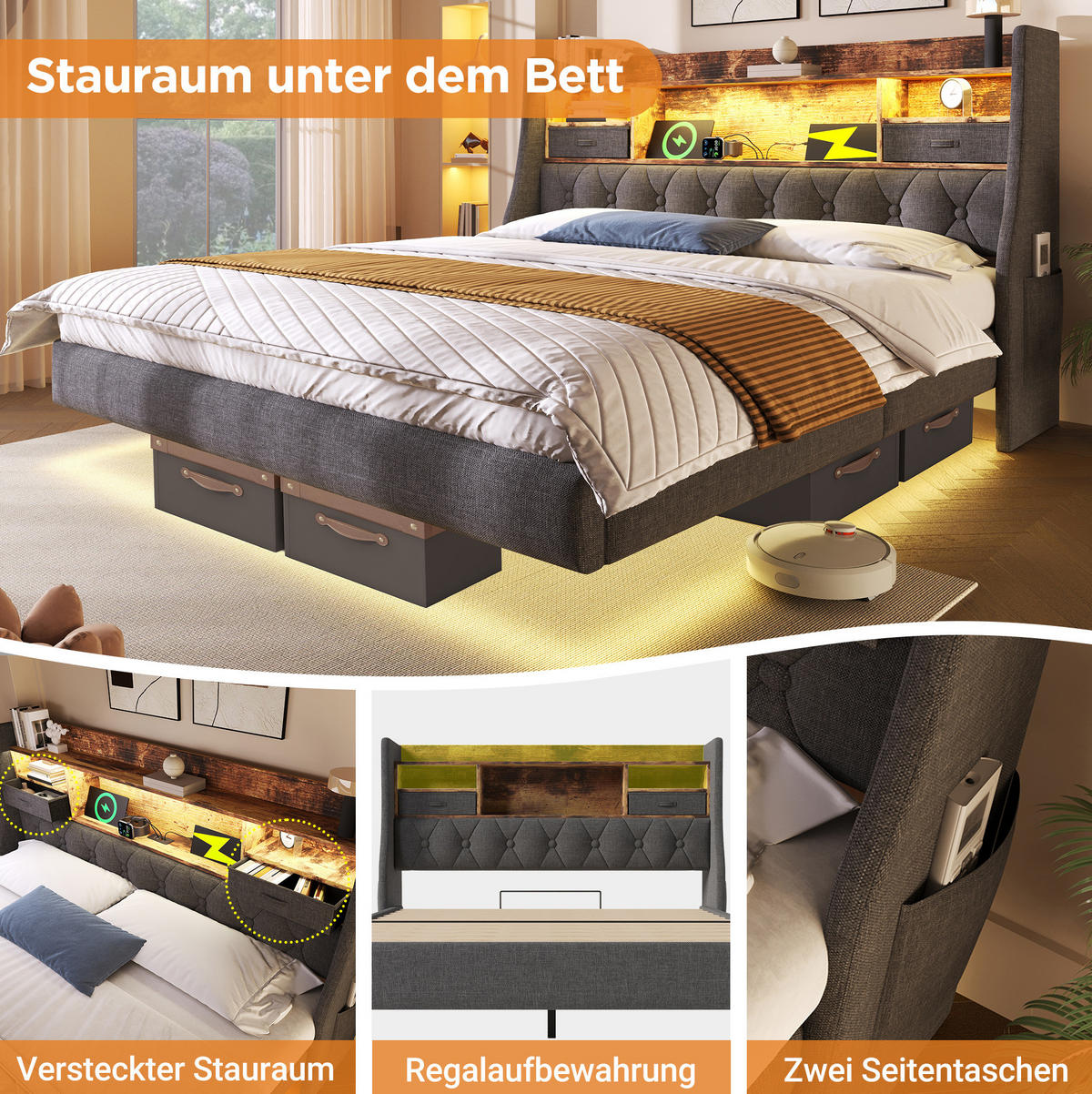 POLSTERBETT 160/200 cm Grau aus Leinen mit LED-Beleuchtung - Grau, Textil (160/200cm) - OKMYHOME