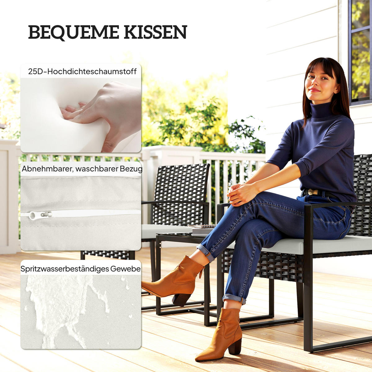 BISTROSET 3 TLG. aus PE-Rattan, Cremeweiß - Creme/Schwarz, Textil/Metall - Outsunny