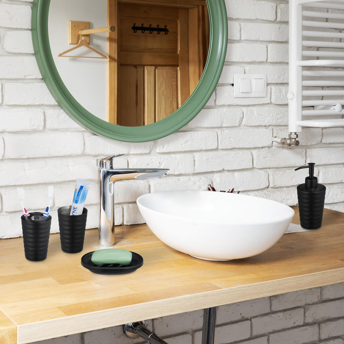 5-TLG.BADEZIMMER-SET - Schwarz, Metall (11/37/11cm) - Relaxdays