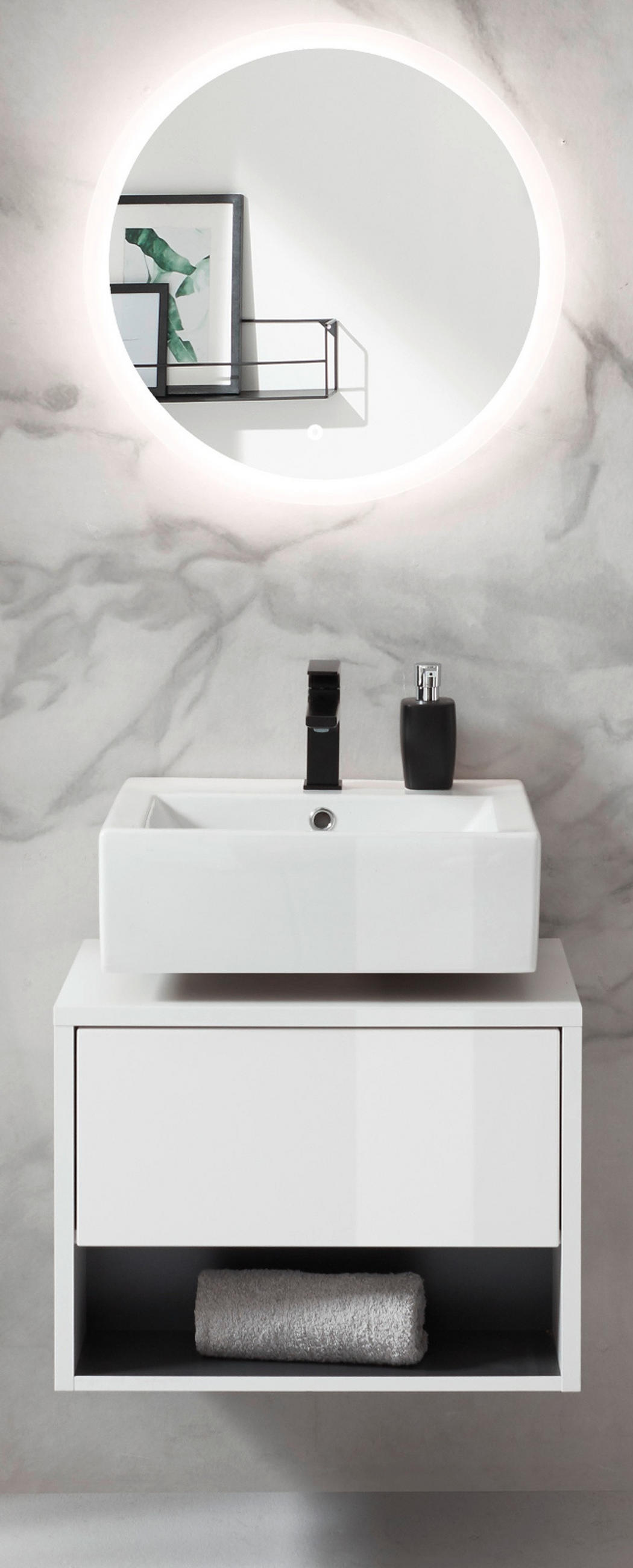 BADMÖBEL Set 2-teilig in weiß Hochglanz und grau mit LED Beleuchtung 60 x 190 cm Glide - Weiß Hochglanz/Grau, Glas/Holzwerkstoff (60/190/46cm) - Furn.Design