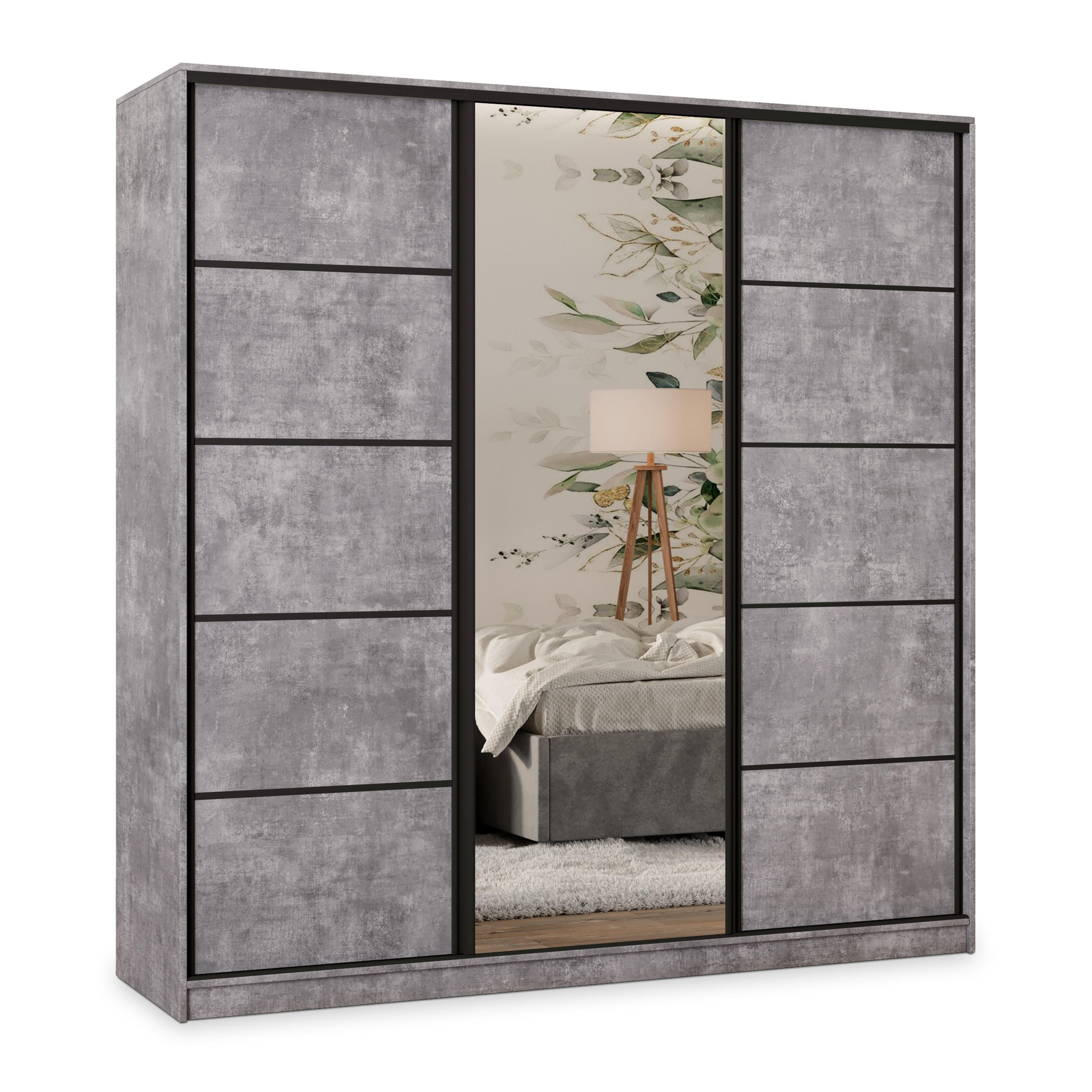 SCHWEBETÜRENSCHRANK PINA 200/205/58 cm 3-türig mit Spiegel und 4 Schubladen Titanfarben - Titanfarben, Holzwerkstoff (200/205/58cm) - MASSENO