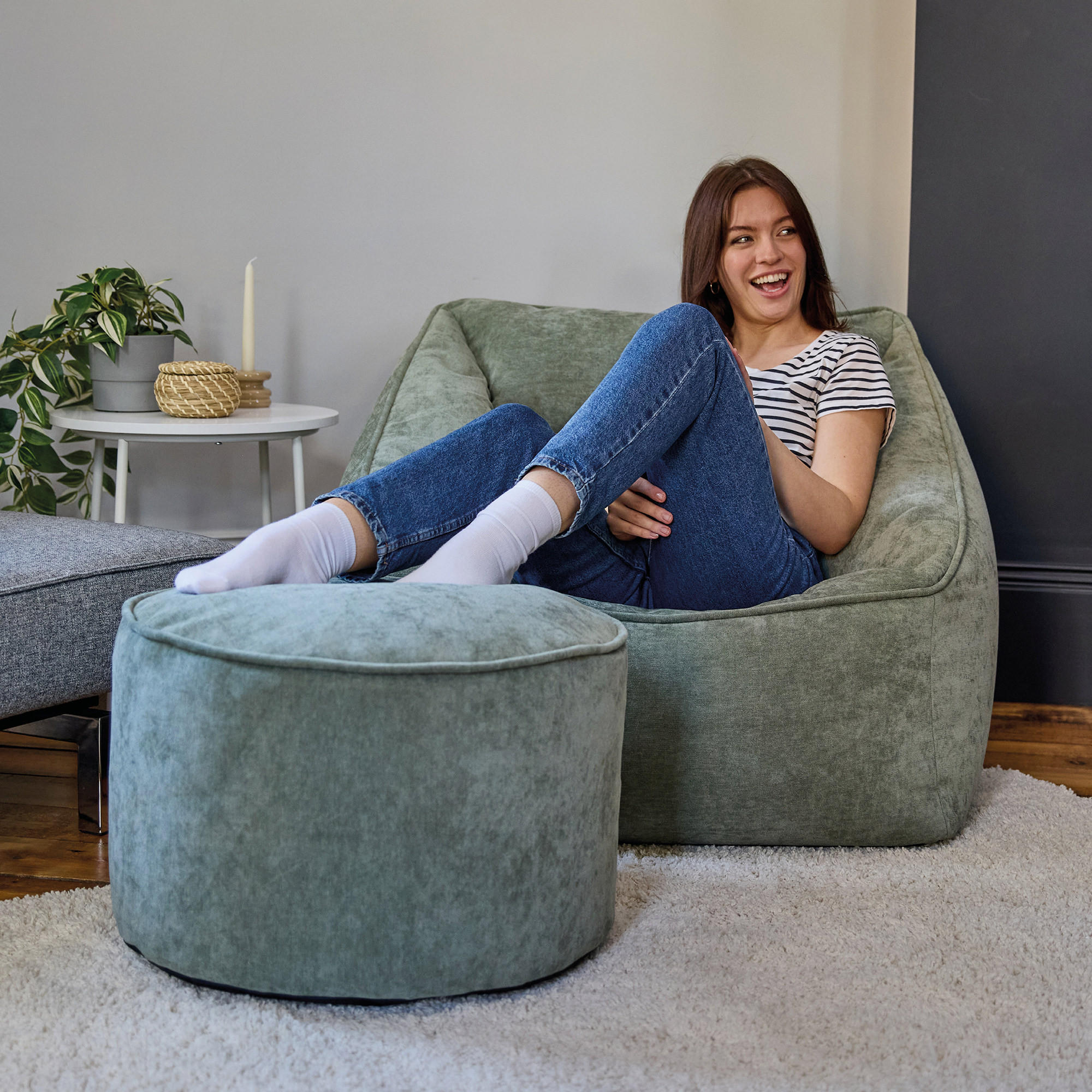 SITZSACK Chenille-Sessel icon Natalia und Fußhocker-Sitzsack Milano im 2-teiligen Set, salbeigrün - Salbeigrün, Kunststoff/Textil (100/80/88cm) - icon