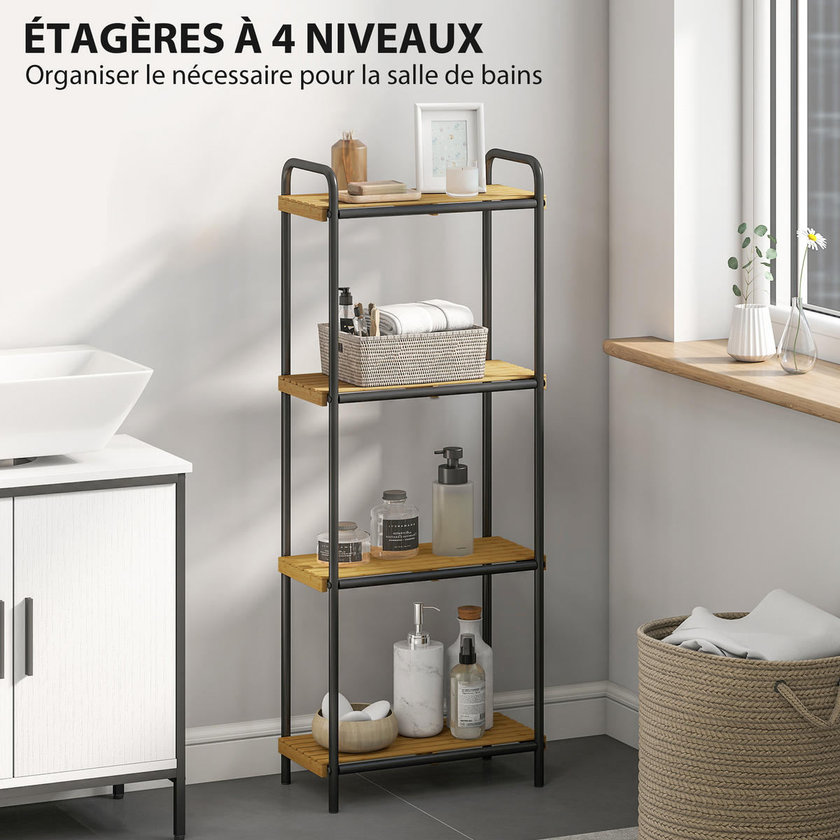 BADEZIMMERREGAL DE-17341 4 Ebenen, schmal aus Bambus & Stahl Natur - Schwarz, Naturmaterialien (21.5/106/41.5cm) - ComfortXL