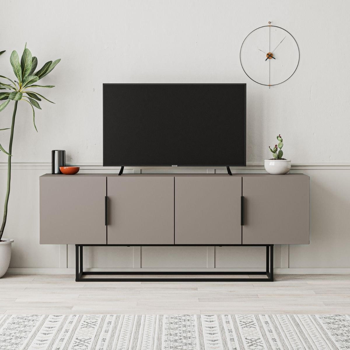 TV-SCHRANK mit 4 Türen und Metallbeinen L140 cm - Titan - Braun, Holzwerkstoff (35/55/140cm) - Calicosy