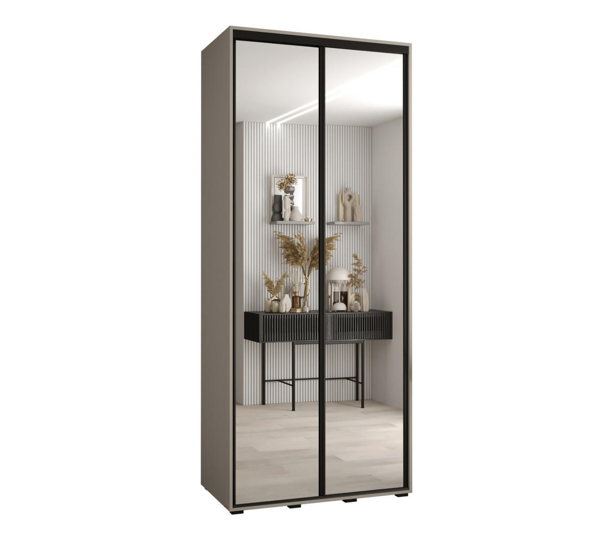 SCHWEBETÜRENSCHRANK 235,2/110/60 2-türig - Kaschmir/Schwarz, Holz/Metall (110/235.2/60cm) - MÖBEL KRYSPOL