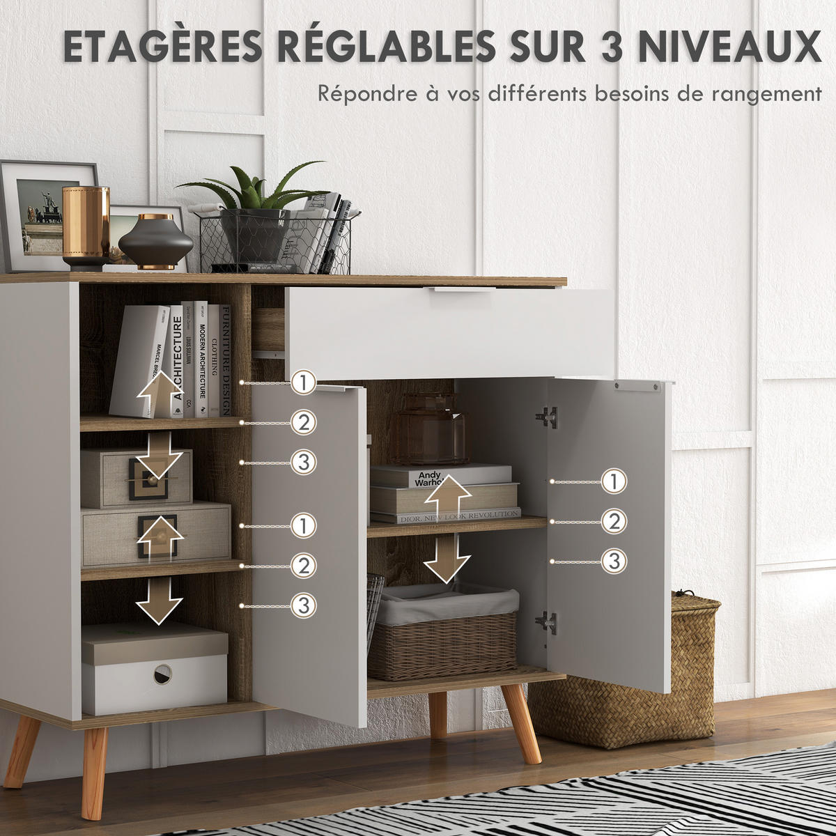 SIDEBOARD Weiß und Natur, 1 Schublade, 2 Türen, 95/35/85 cm - Weiß, Holz (95/85/35cm) - PANGIVO