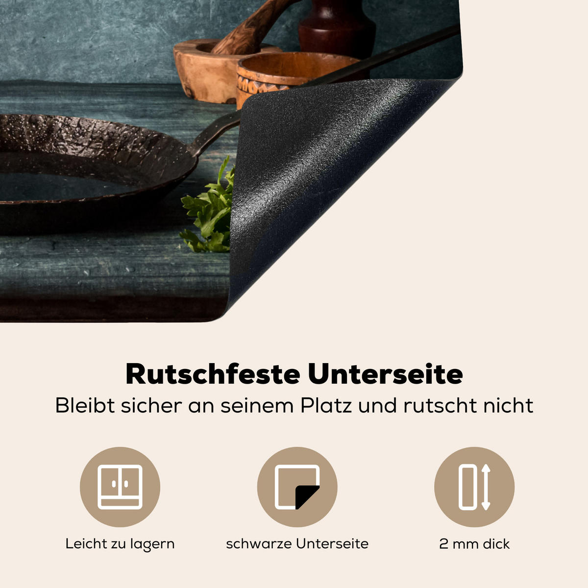 HERABDECKPLATTE - Kräuter - Gewürze - Pfanne - Messer - Grau - Rustikal - 65x55 - Petrol, Kunststoff (65/55/0.2cm) - MuchoWow