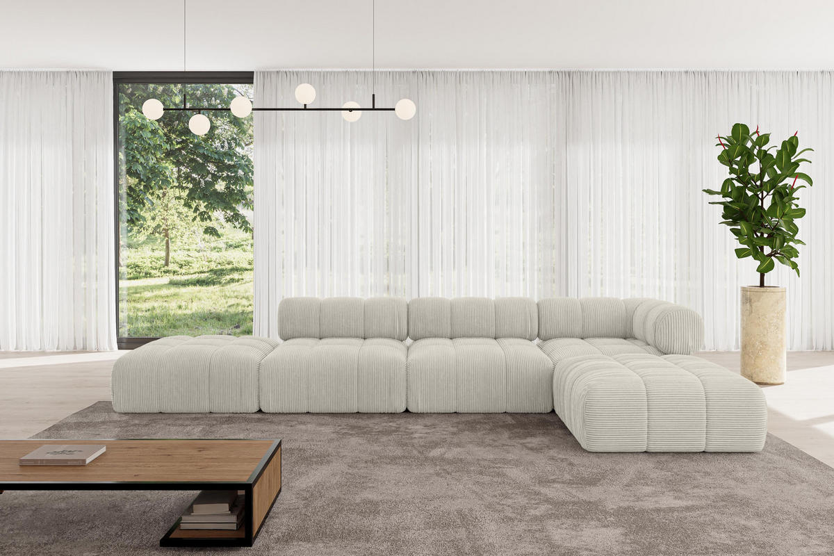 ECKSOFA modulares Sofa Kerru-L2 - 380x190x70 cm Creme Cord - Hellgrau/Creme, Holzwerkstoff/Textil (380/190cm) - ALTDECOR