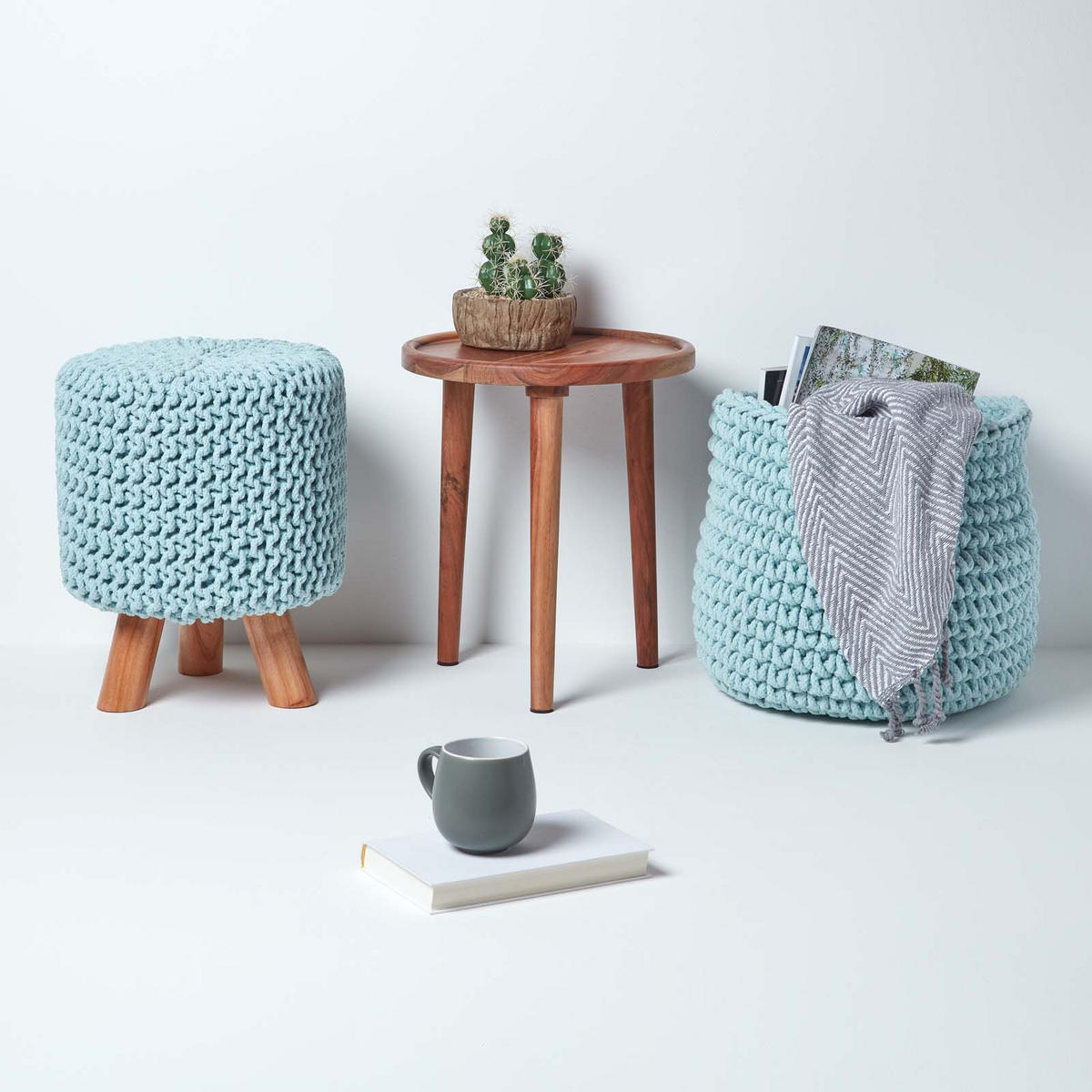 STRICK-HOCKER pastellblau, Dreibein 32/32/42 cm - Hellblau, Textil (32/42/32cm) - Homescapes