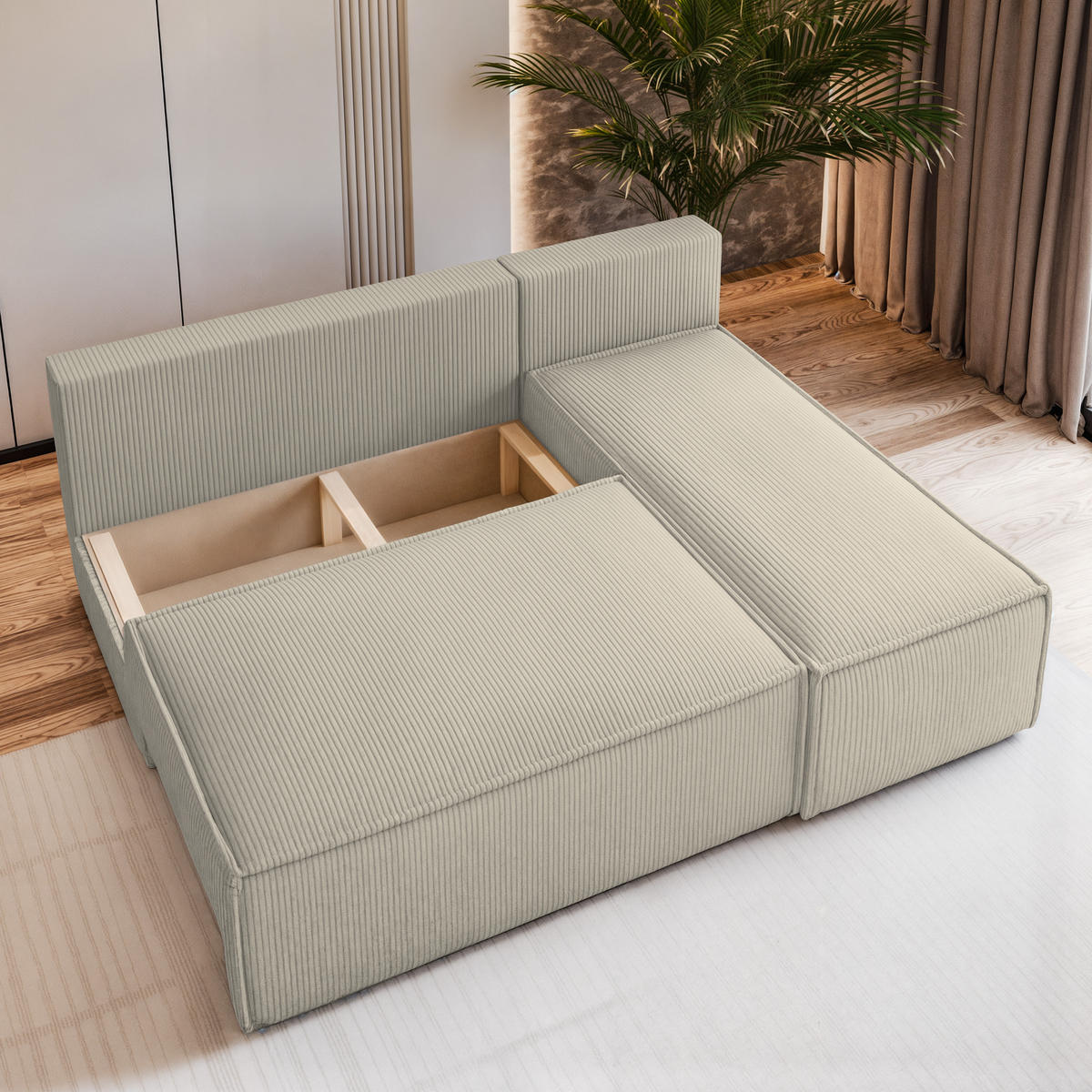 ECKSOFA BRISO P Creme Kordstoff mit Schlaffunktion - Creme, Holz (200/140cm) - MASSENO