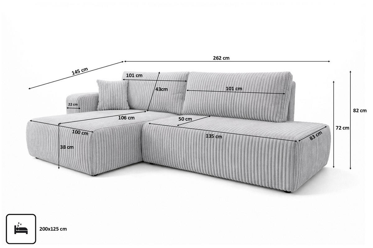 ECKSOFA Mit Schlaffunktion Und Bettkasten, Cordstoff Tilia, Grau, Links, OPEN XL - Grau, Holz (262/145cm) - Kaiser Möbel