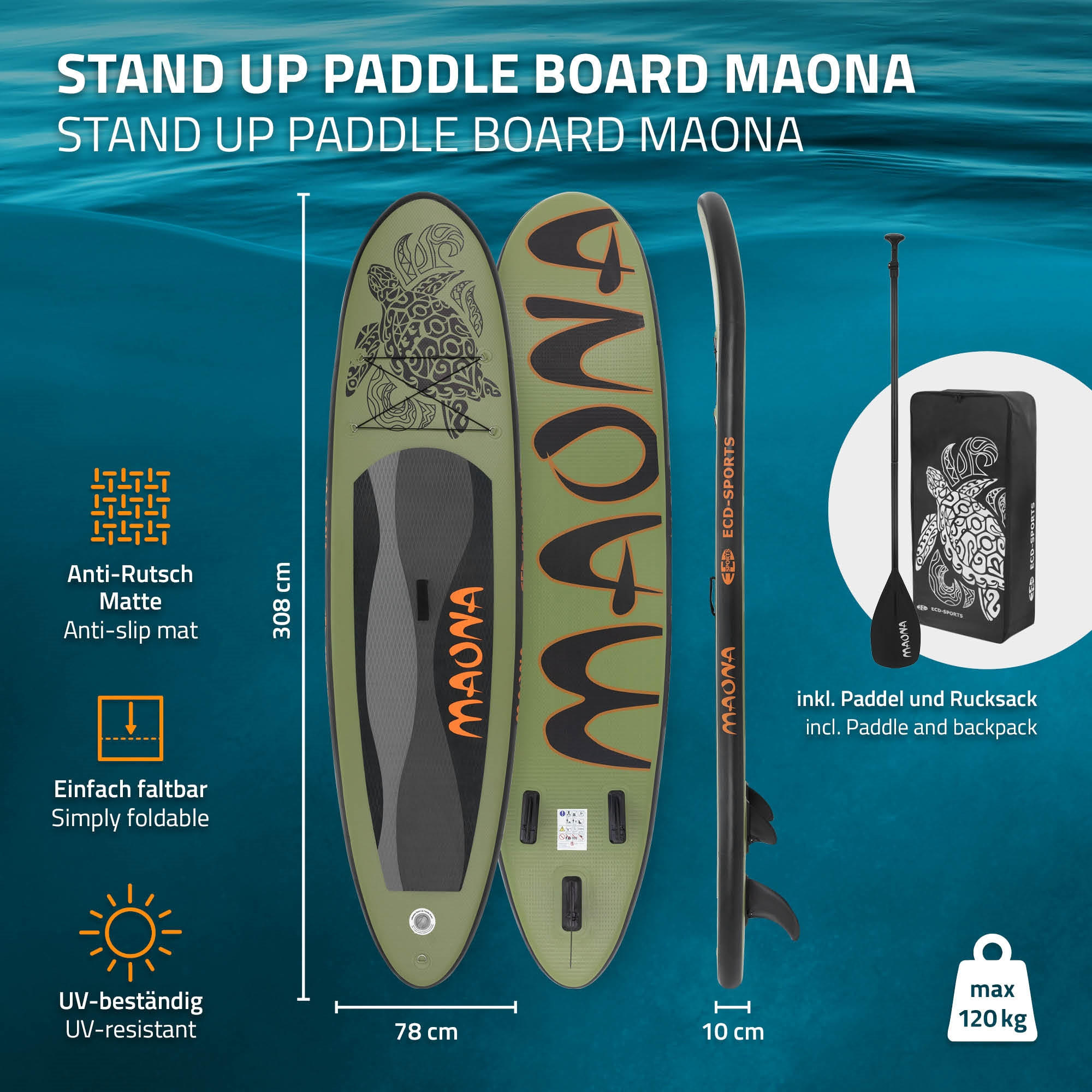 STAND UP PADDLE BOARD Maona Olive - Olivgrün, Kunststoff (308/78/10cm) - ECD-Germany