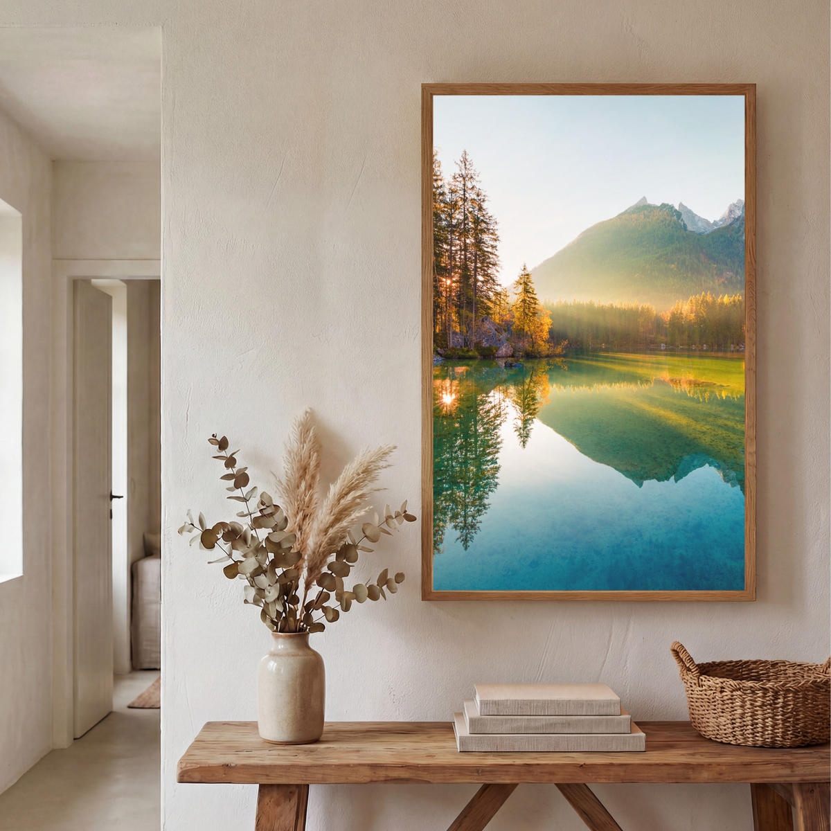WANDLEUCHTE MIT AKKU See - Wald - Berge - Natur - Sonne - Landschaft 60x90 cm - Grün, Holzwerkstoff (60/90/8cm) - OnlyWow