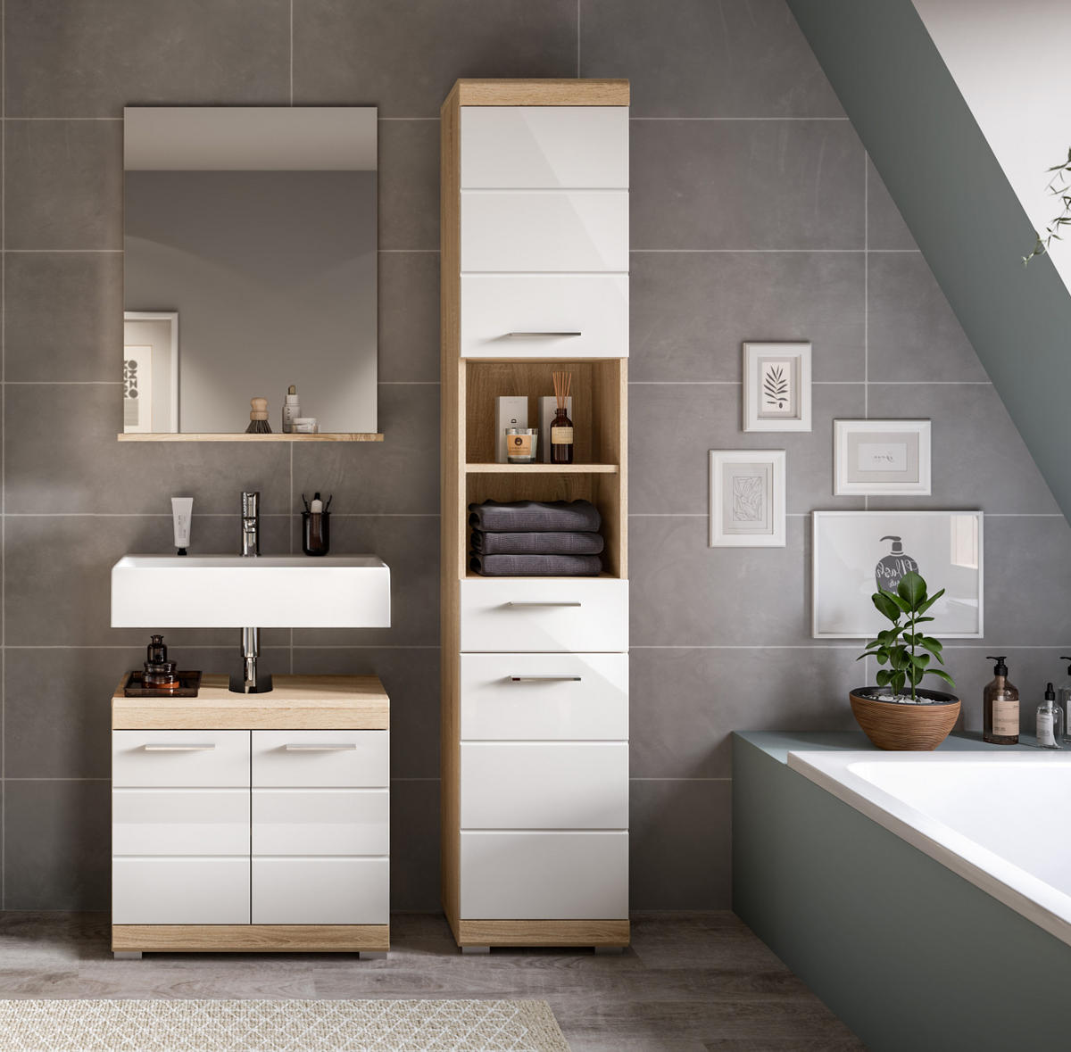 BADMÖBEL-SET weiß Hochglanz, Eiche 3-teilig 112 cm mit viel Stauraum - Weiß Hochglanz/Eichefarben, Holzwerkstoff (112/191/34cm) - Inn.Furn