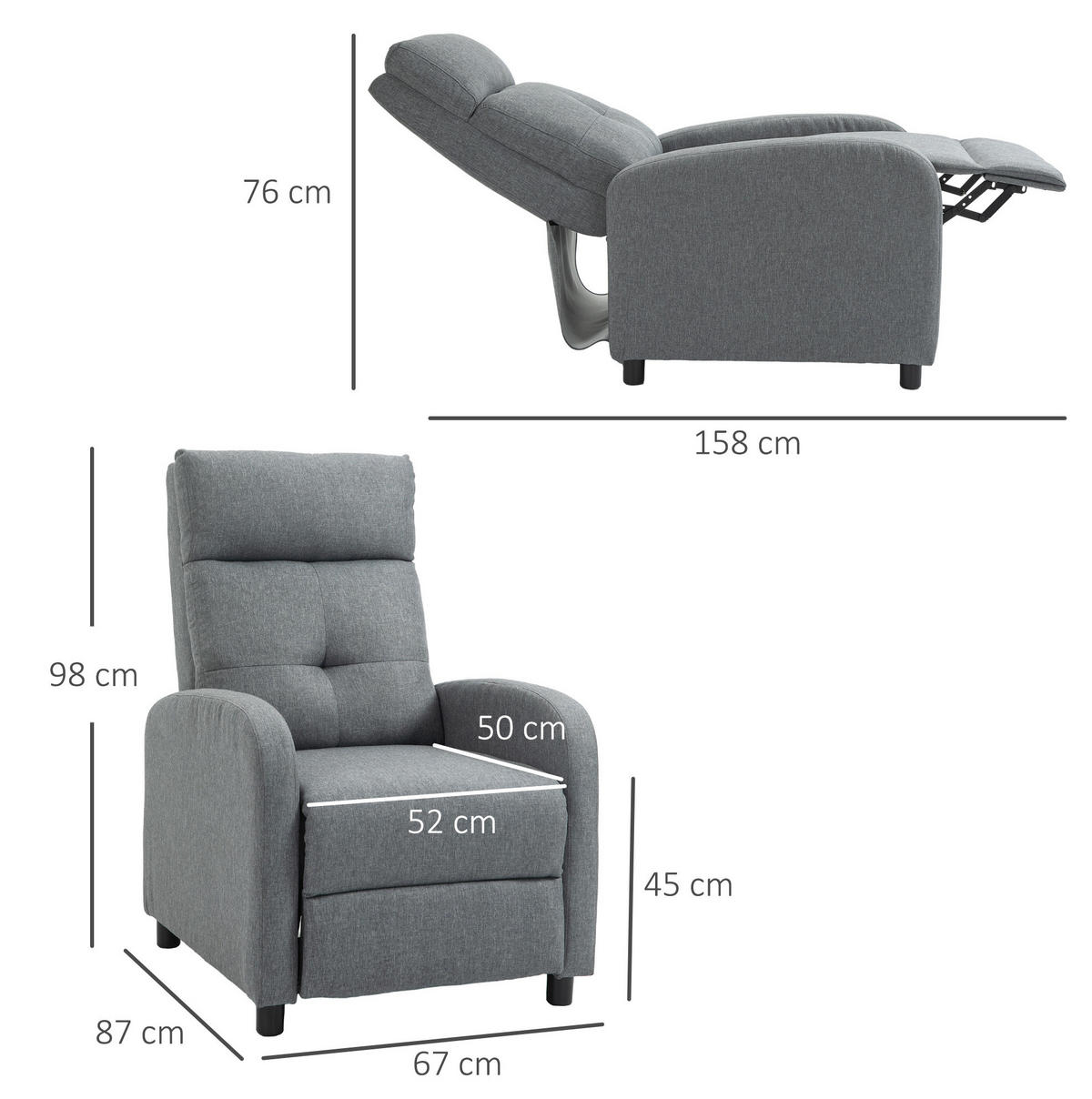RELAXAČNÍ křeslo 67/87/98 cm šedé z polyesteru s polohováním do 155° a výsuvnou podnožkou - šedá, textil (87/98/67cm) - OKWISH