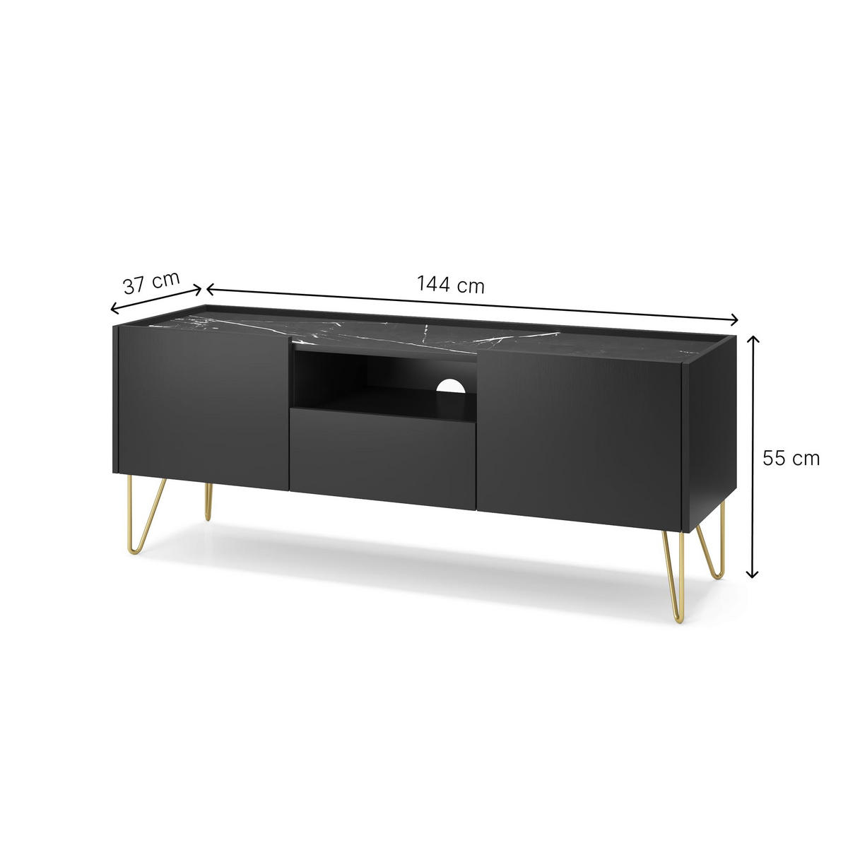TV-SCHRANK Armon 144x55x37 cm - Lowboard mit Stauraum - Tv Ständer aus Laminierter Spanplatte - Schwarzer Graphit - Schwarz, Holzwerkstoff (154/56/39cm) - Chilly