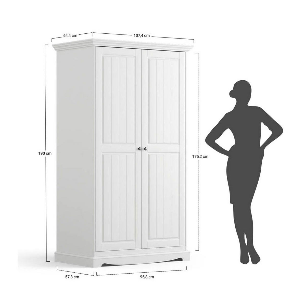 KLEIDERSCHRANK Belluno Elegante Kiefer weiß (RAL9010) lackiert 107 / 64 / 190cm - Weiß, Holz/Metall (107/190/64cm) - Feldmann-Wohnen