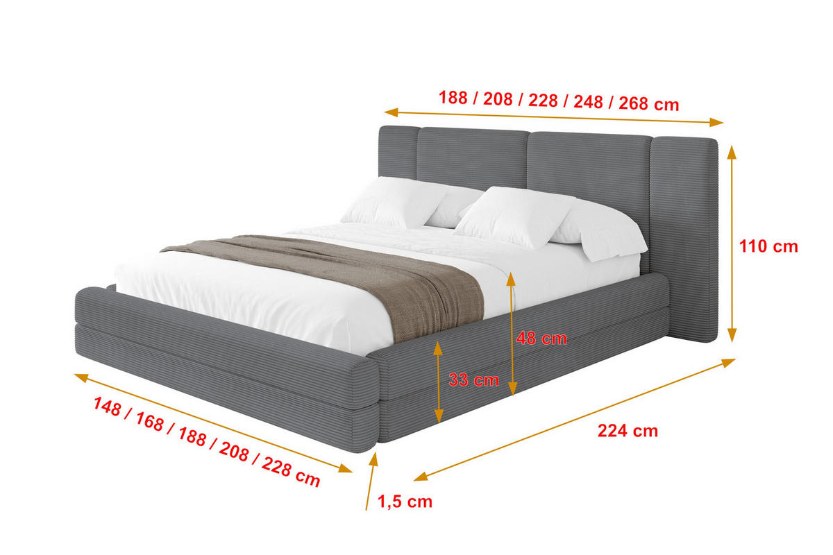 POLSTERBETT mit Bettkasten und Lattenrost, Boxbett ohne Matratze - TEVO 140x200 Dunkelgrau - Graphitfarben, Holzwerkstoff/Textil (140/200cm) - ALTDECOR