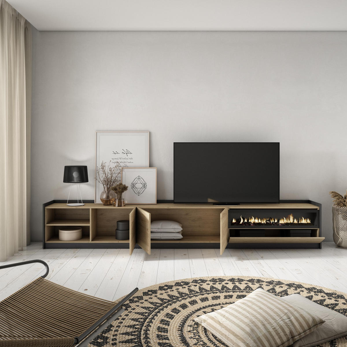 TV-SCHRANK, Lowboard, Eiche Schwarz, Elektrokamin, 310/37/50cm - Eichefarben, Holzwerkstoff (310/50/37cm) - Skraut Home
