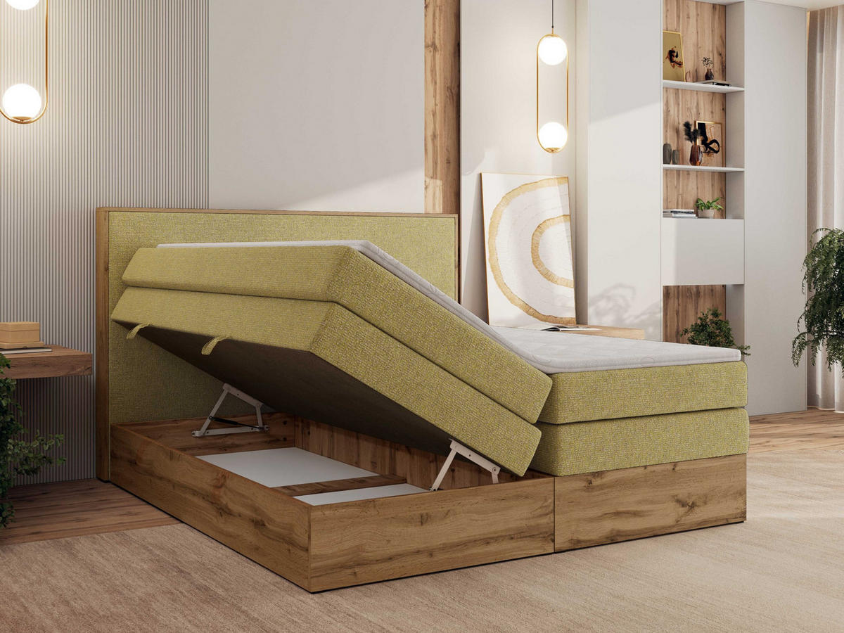 BOXBETT WOOD CLASSIC KING 140/200 - Gelb Strukture - H3 - Gelb, Textil (140/200cm) - MKS