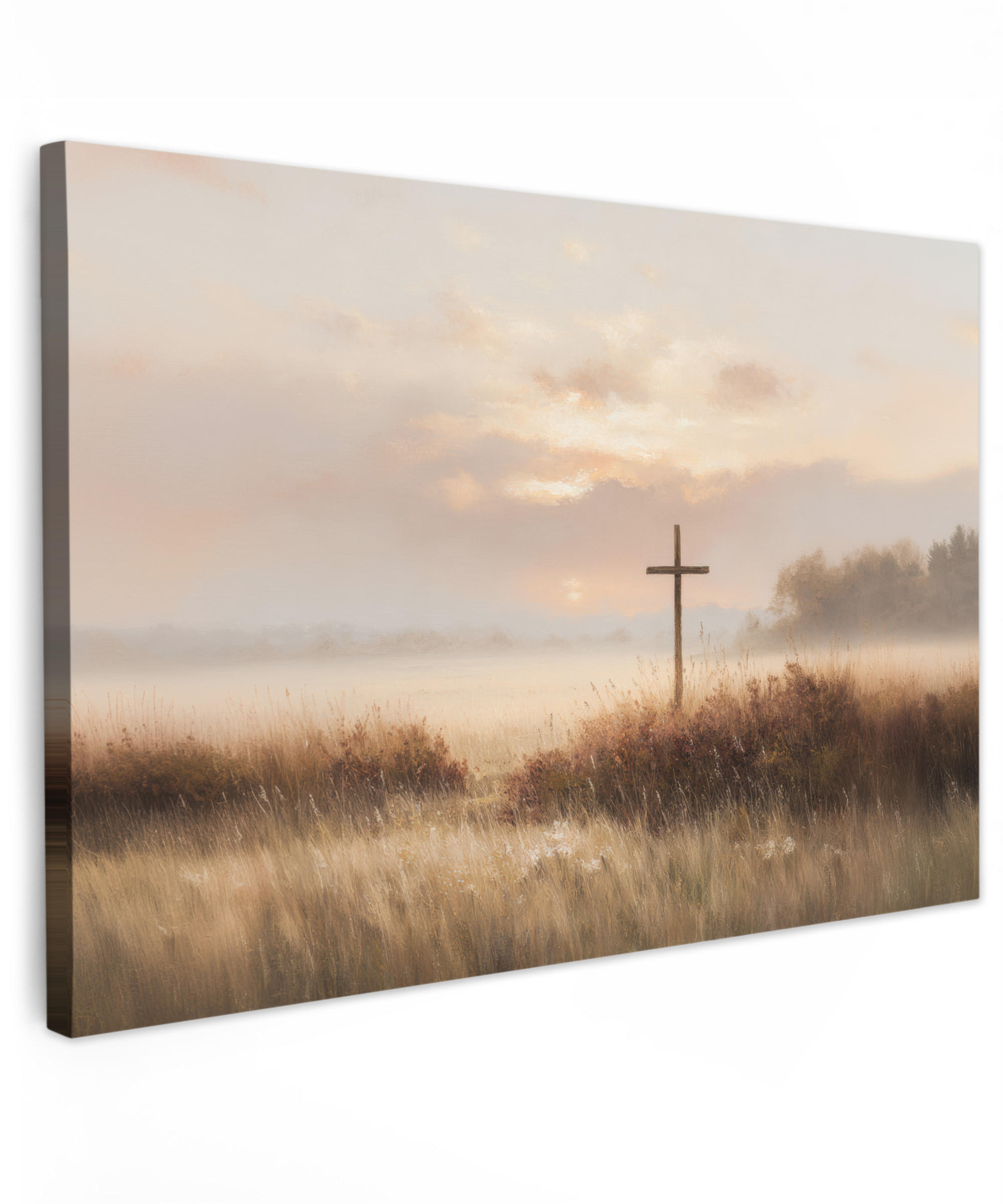 LEINWANDBILD Gras - Morgennebel - Kreuz - Christentum Wohnzimmer Groß 120x80 cm - Beige, Textil (120/80cm) - MuchoWow