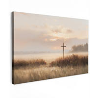 LEINWANDBILD Gras - Morgennebel - Kreuz - Christentum Wohnzimmer Groß 120x80 cm - Beige, Textil (120/80cm) - MuchoWow