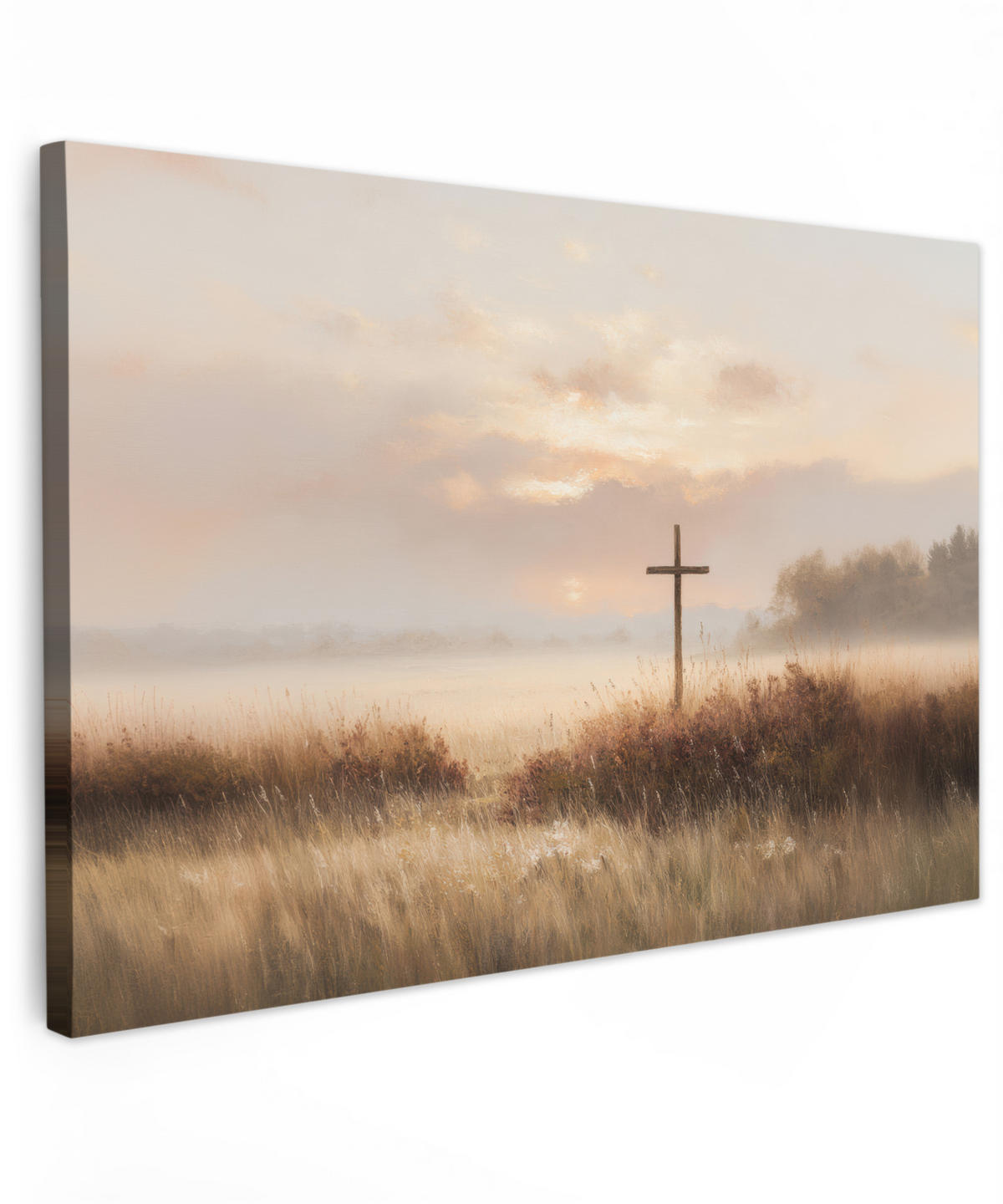 LEINWANDBILD Gras - Morgennebel - Kreuz - Christentum Wohnzimmer Groß 120x80 cm - Beige, Textil (120/80cm) - MuchoWow