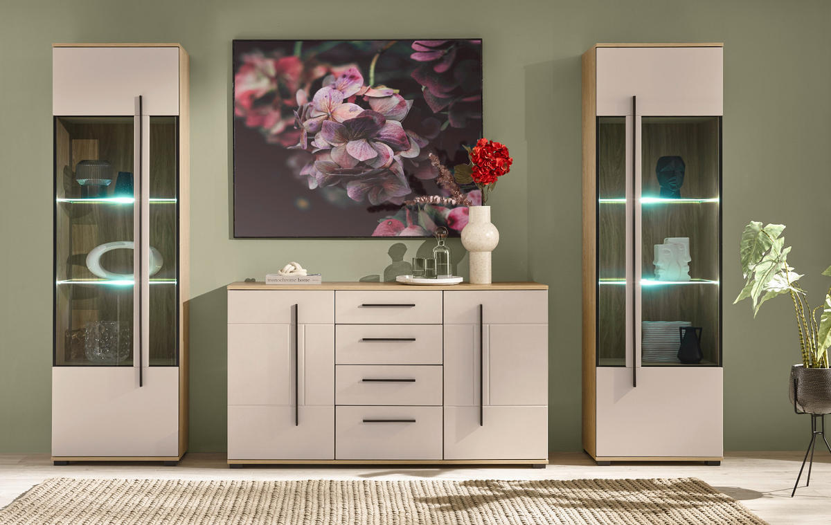 WOHNWAND Kaschmir, Eiche 3-teilig 290 cm, Wohnzimmer Set mit Soft-Close - Kaschmir/Eichefarben, Glas/Holzwerkstoff (290/200/42cm) - Furn.Design