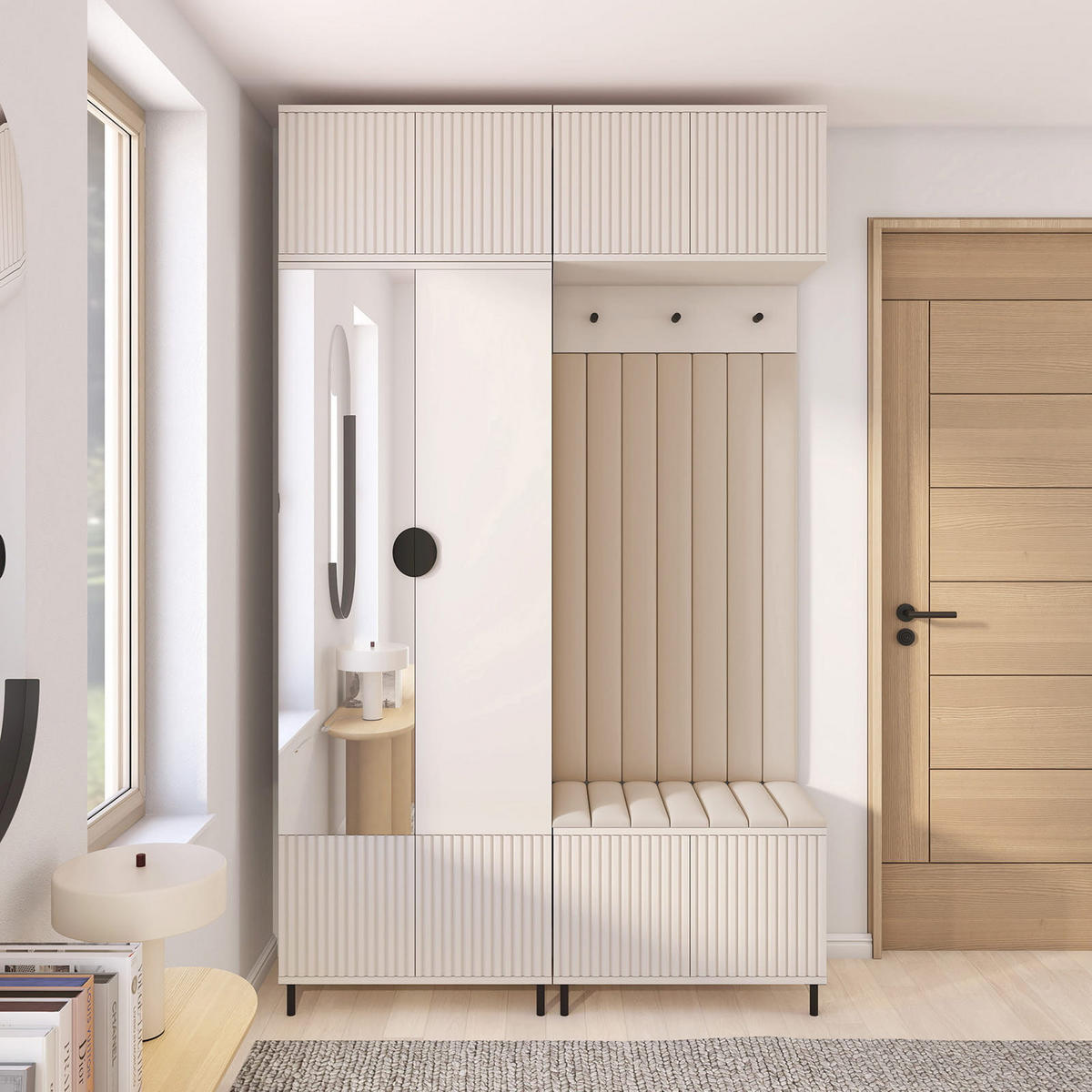 GARDEROBE Ritmo version 2 mit Spiegel, mit POLSTERPANEELEN BEIGE - Beige/Creme, Holzwerkstoff (140/235/40cm) - Jerpax