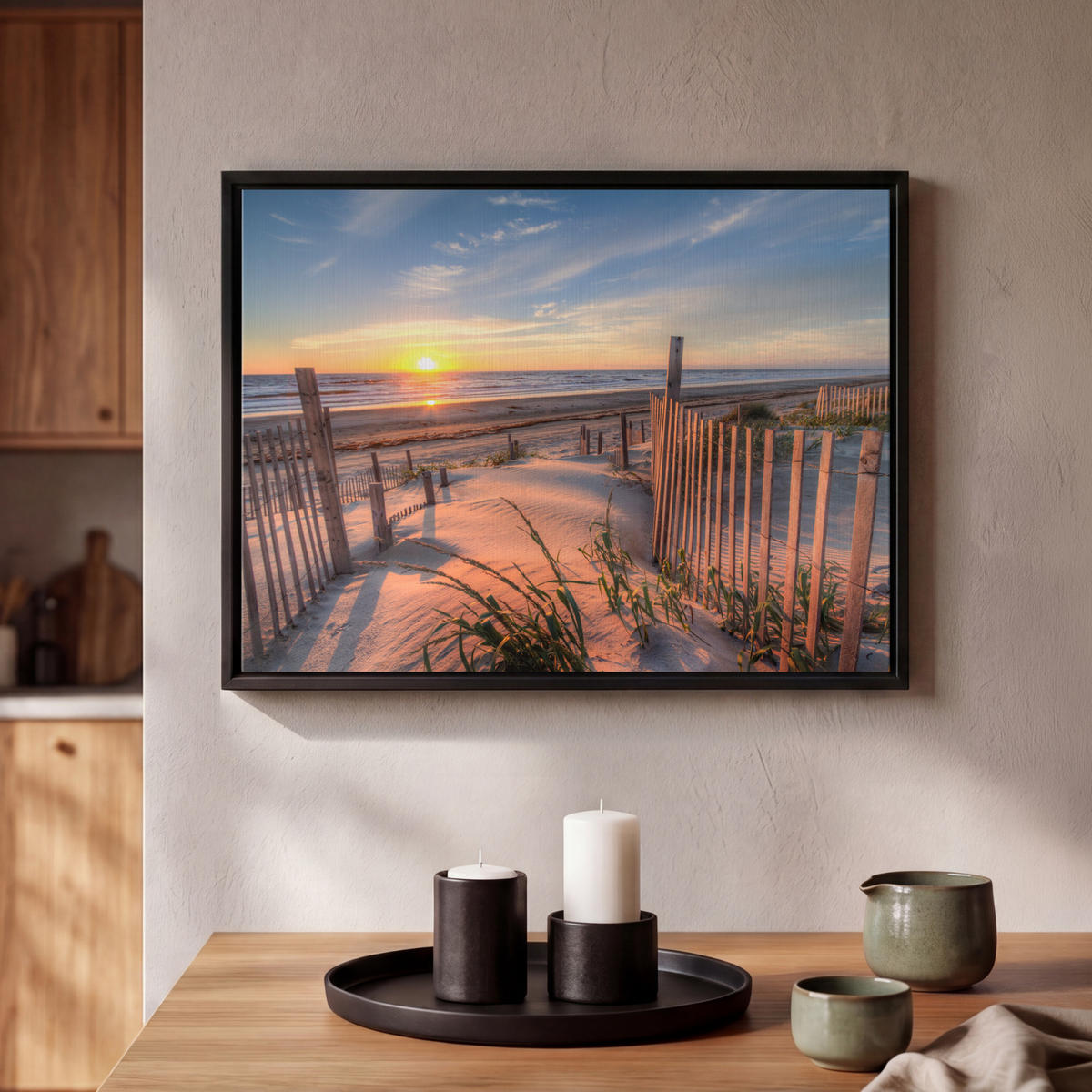 LEINWAND Bilder mit Rahmen - Strand - Meer - Düne - Sonnenuntergang - Landschaft - 40x30 - Beige, Textil (40/30cm) - MuchoWow