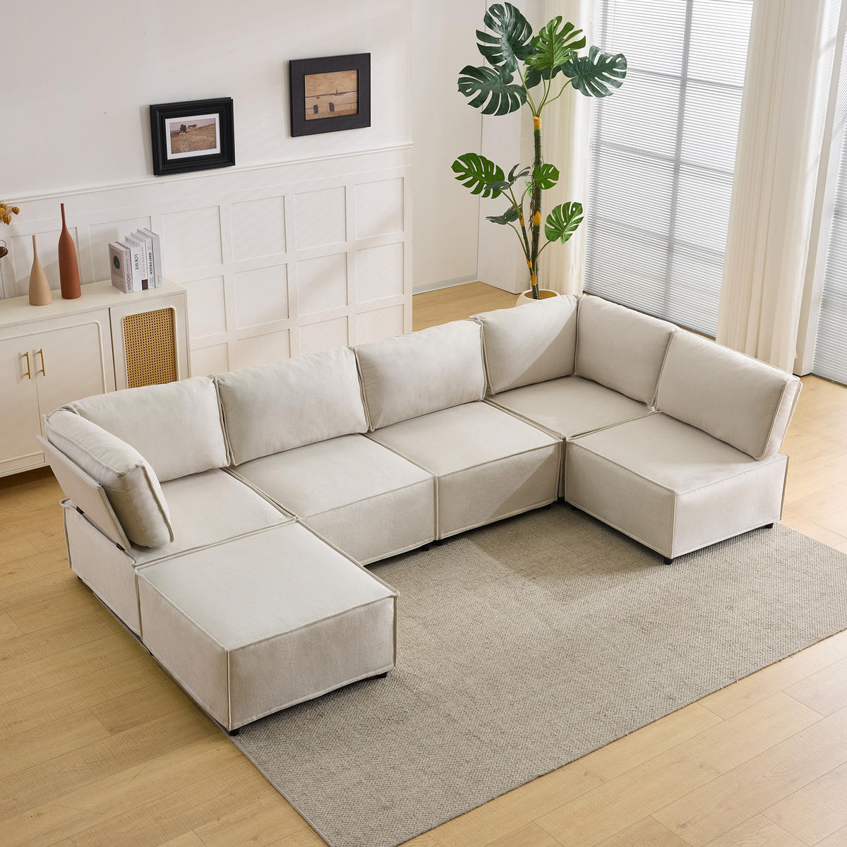 WOHNLANDSCHAFT Leinen Beige Frei kombinierbar - Beige, Holzwerkstoff/Textil (308/77/152cm) - WISHDOR