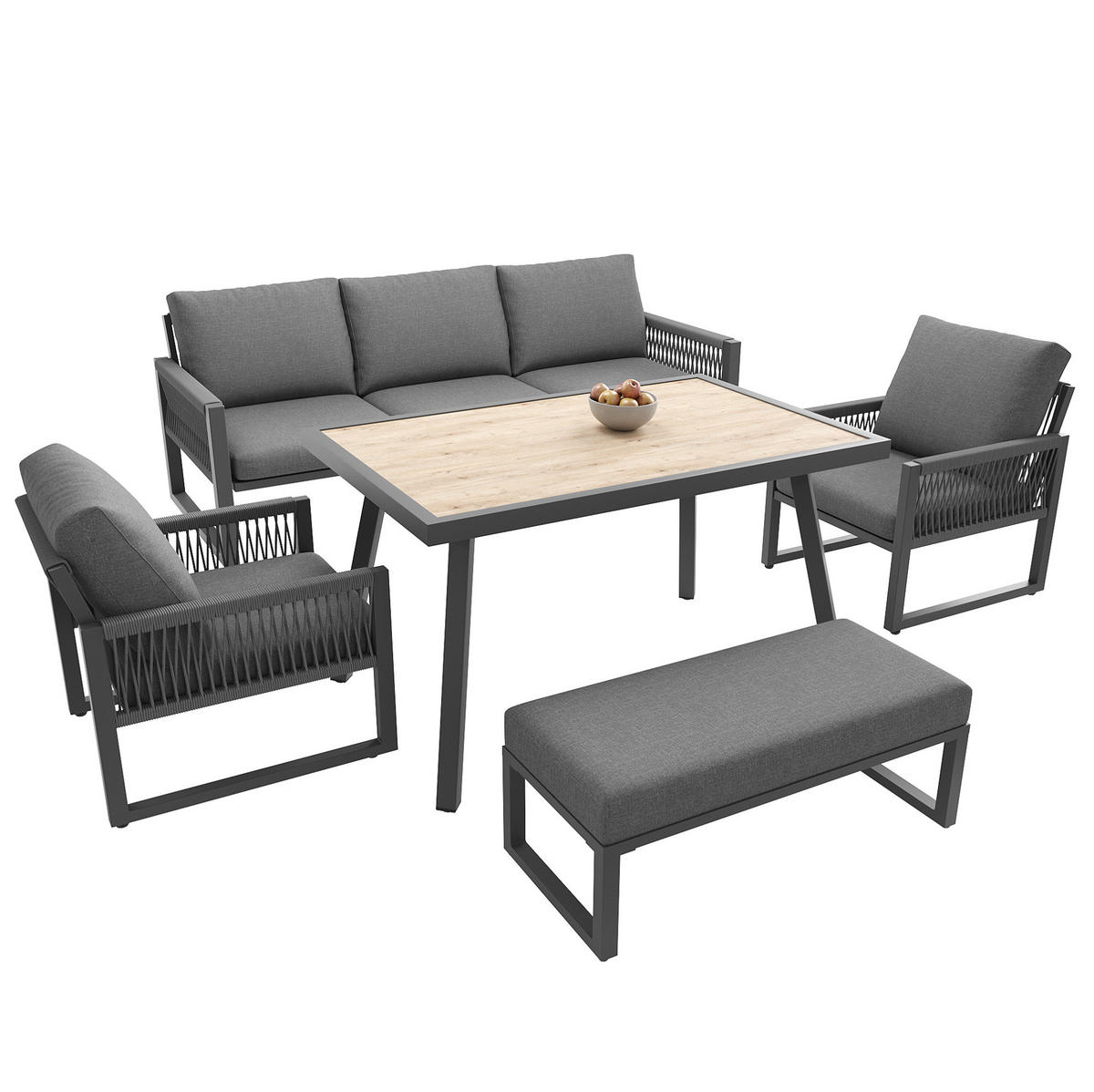 GARTENLOUNGE 184/64/80 cm grau aus Metall, Glas und Polyester mit Tisch und Kissen - Grau, Metall - OKWISH