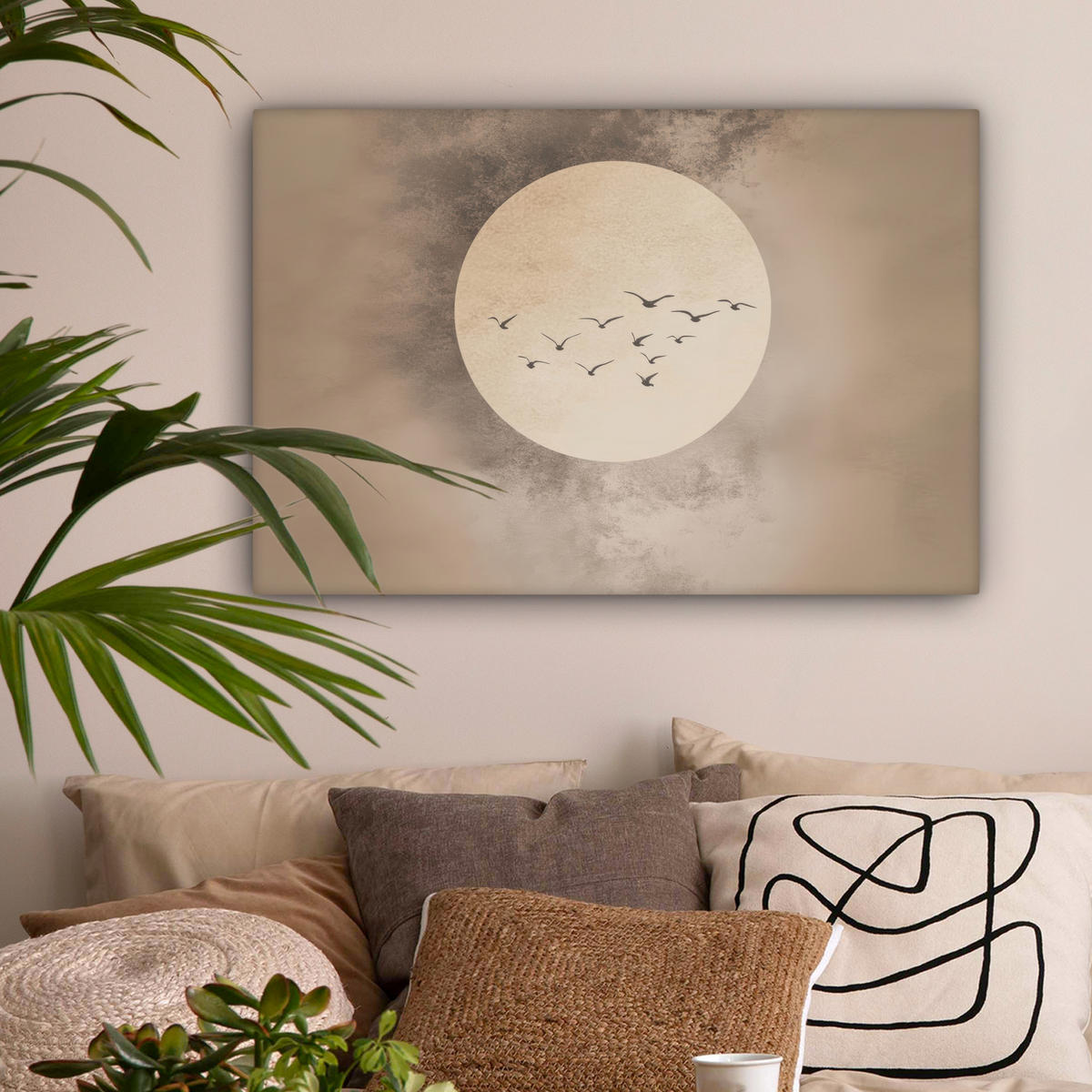 LEINWANDBILD Vogel - Beige - Japanisch Wanddeko 90x60 cm - Taupe, Textil (90/60cm) - MuchoWow