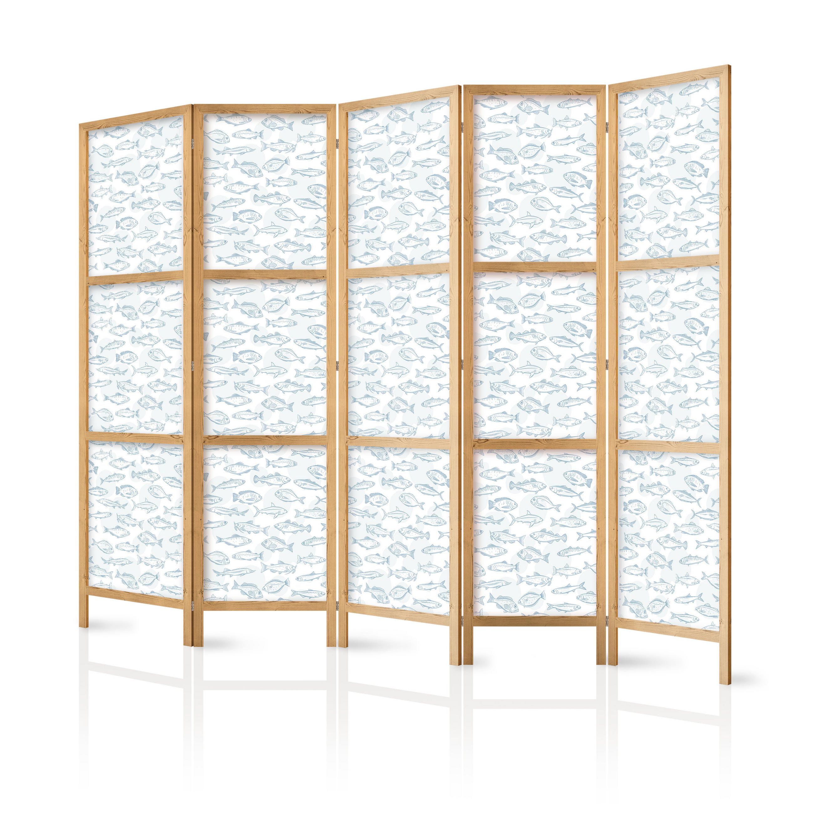 PARAVENT Japanischer 5-tlg 225x172 cm Fische Im Meer - Blau, Holz/Textil (225/172/3cm) - Muralo