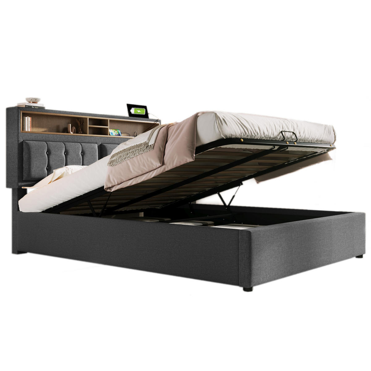 POLSTERBETT 140/200 cm grau mit verstellbarem Kopfteil und USB-Anschluss - Grau, Textil (140/200cm) - OKWISH