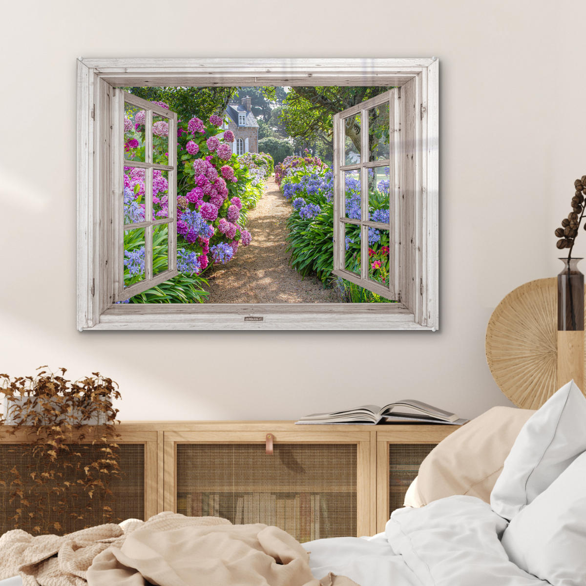ACRYLGLASBILD Hortensie - Durchsichtig - Blumen - Sommer - Lila - Weg 80x60 cm - Lila, Glas (80/60cm) - MuchoWow