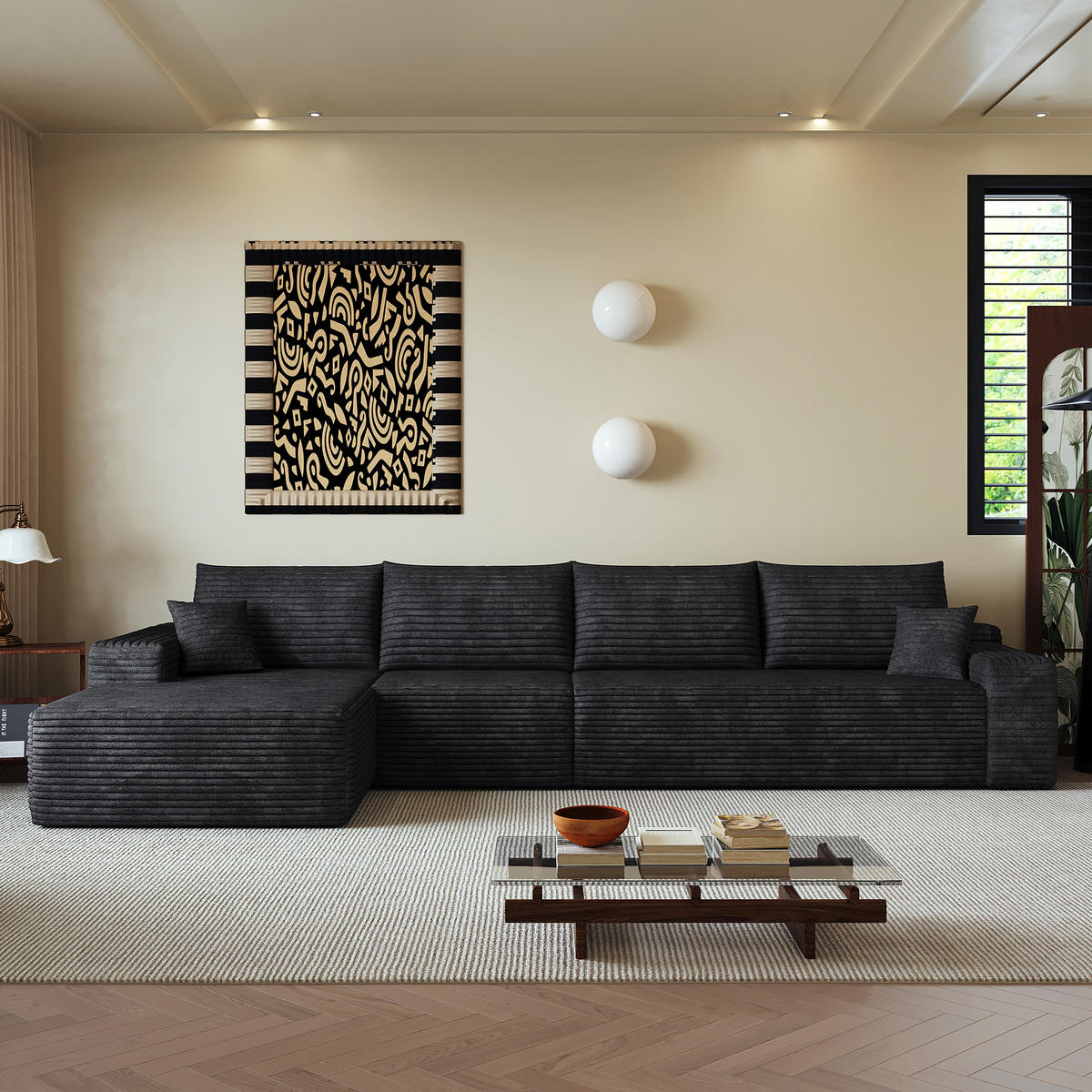 ECKSOFA 340/175/83 cm Schwarz mit L-förmiger Chaiselongue, Linke Seite - Schwarz, Textil (340/175cm) - Oxeza