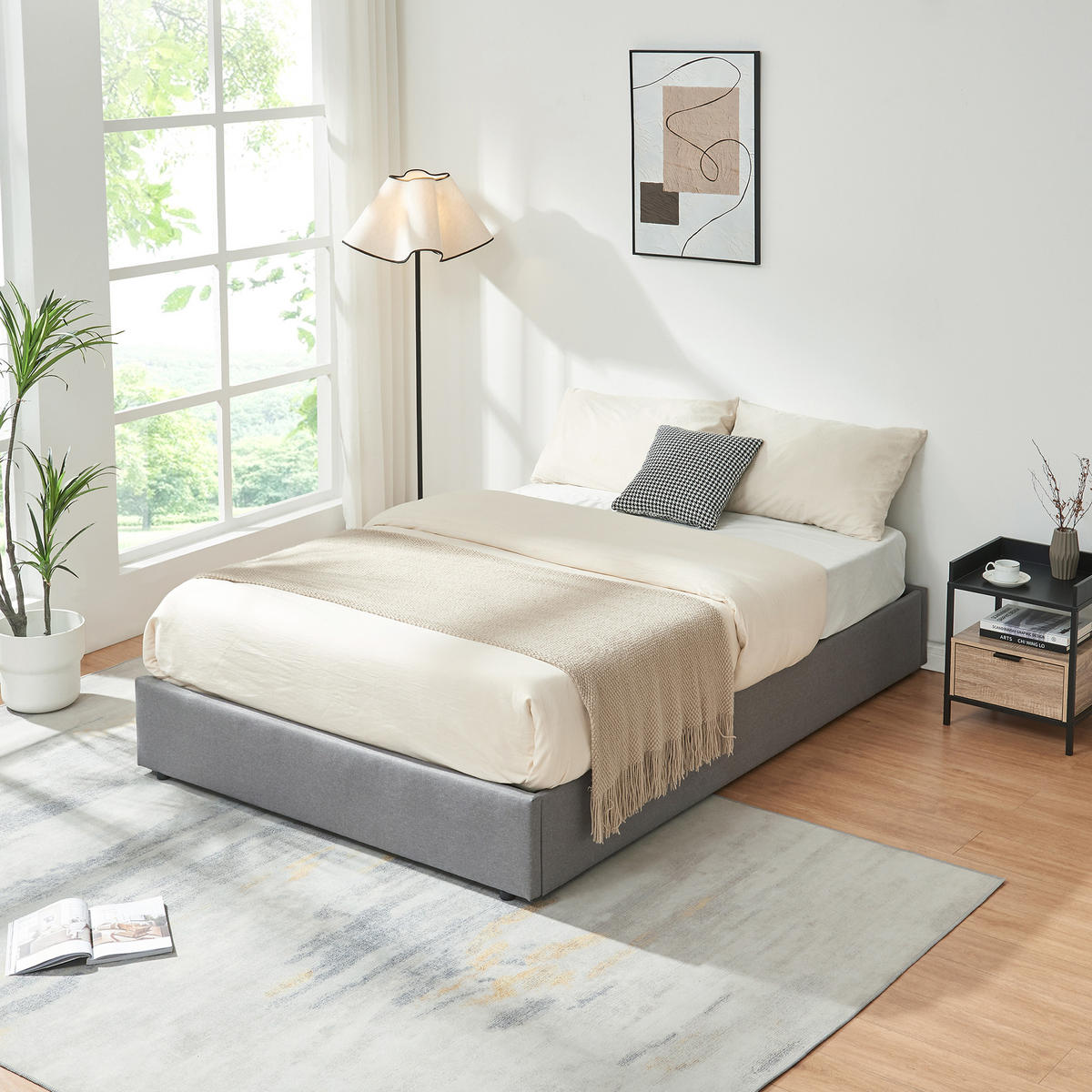 ČALOUNĚNÁ POSTEL Nola - šedá, kompozitní dřevo/textil (140/200cm) - [en.casa]