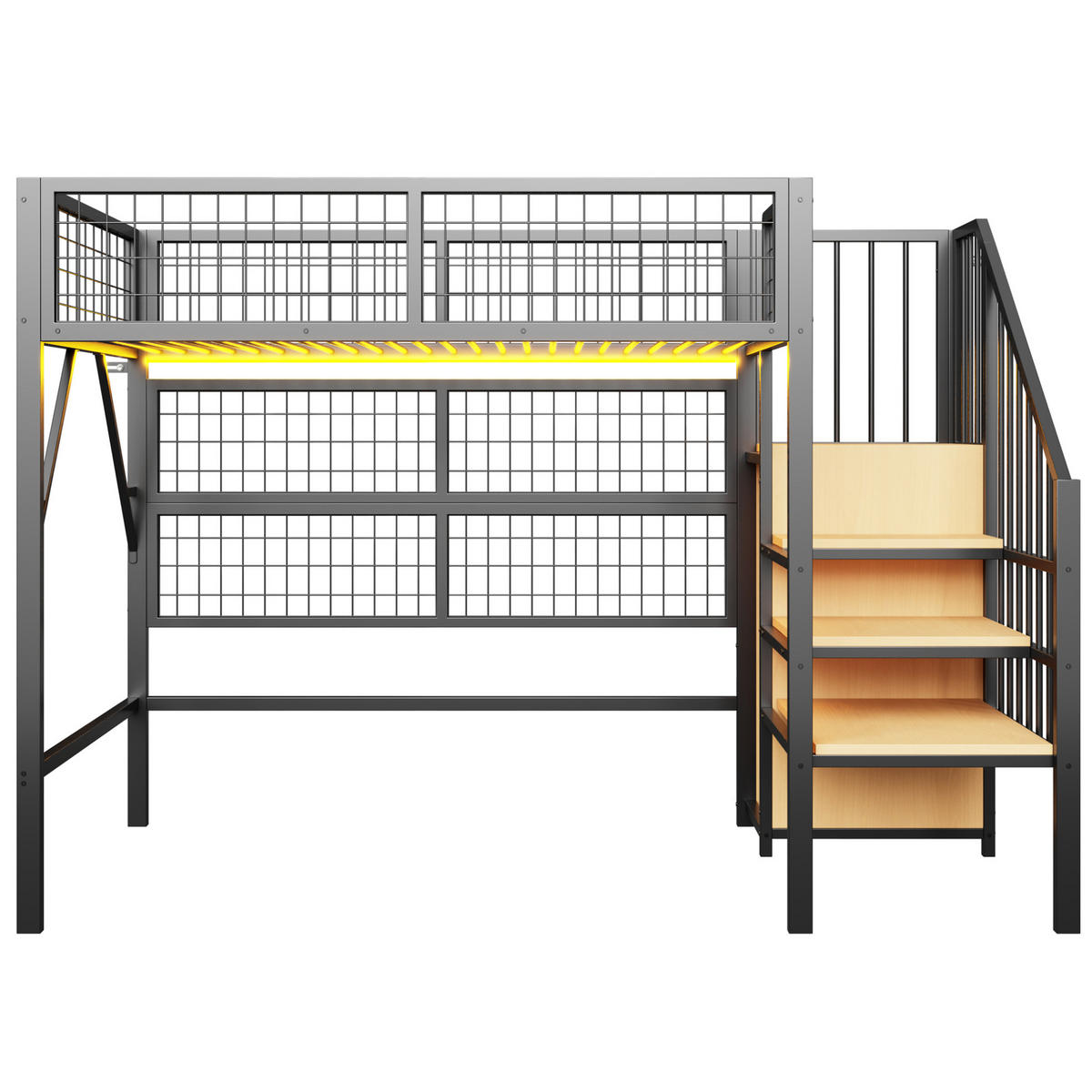 HOCHBETT 90/200 cm Schwarz aus MDF und Metall mit LED-Beleuchtung und Stauraum - Schwarz, Metall (90/200cm) - OKMYHOME