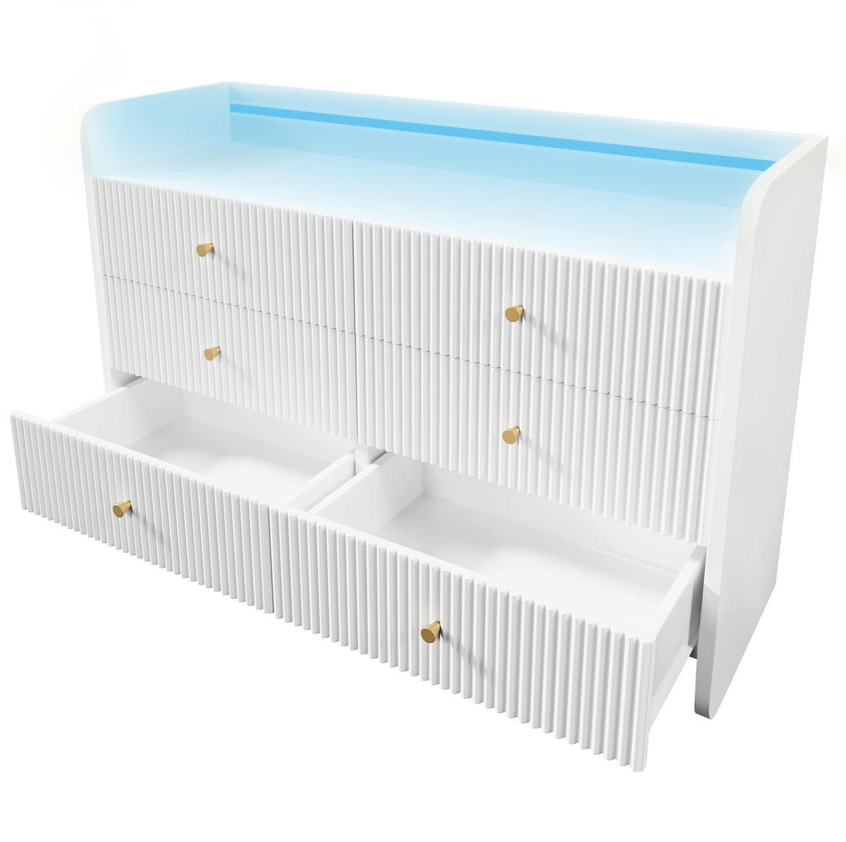 SIDEBOARD aus Spanplatte 120x40x75 cm Weiß mit LED-Beleuchtung, 6 Schubladen und Wellenfront - Weiß, Holzwerkstoff (120/75/40cm) - Modfu